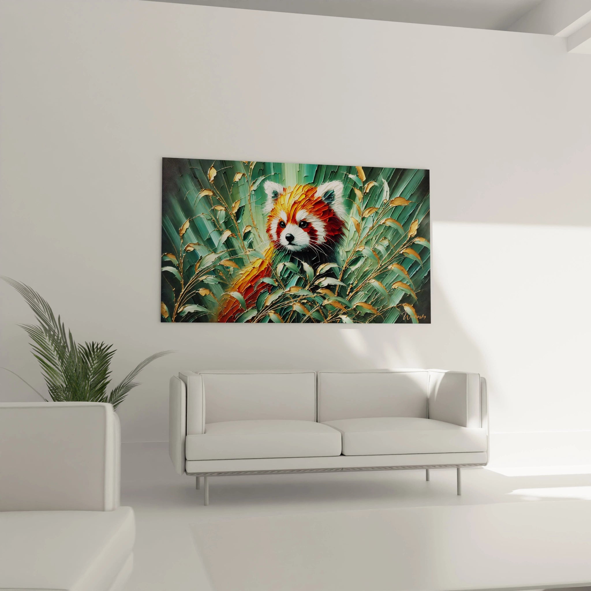 tableau panda roux accroche dans un salon au dessus d'un canape pour un point focal qui attire le regard avec ses contrastes de couleurs chaudes et son pelage texturé en pleine vegetation abstraite