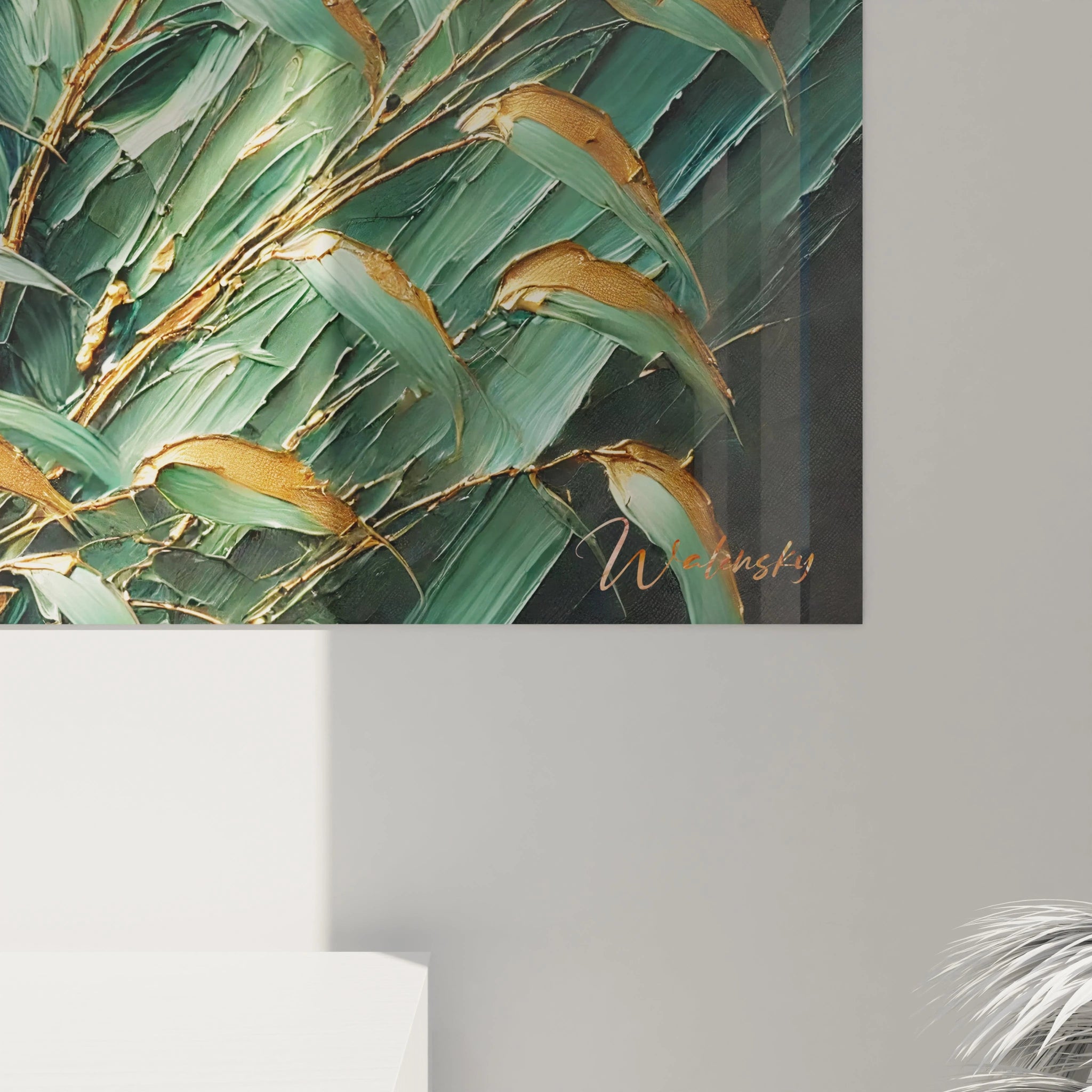 vue de pres du tableau panda roux avec ses branches dorees en relief et ses nuances de vert et orange qui capturent la beaute et la profondeur de cet animal charismatique ideal pour un decor unique