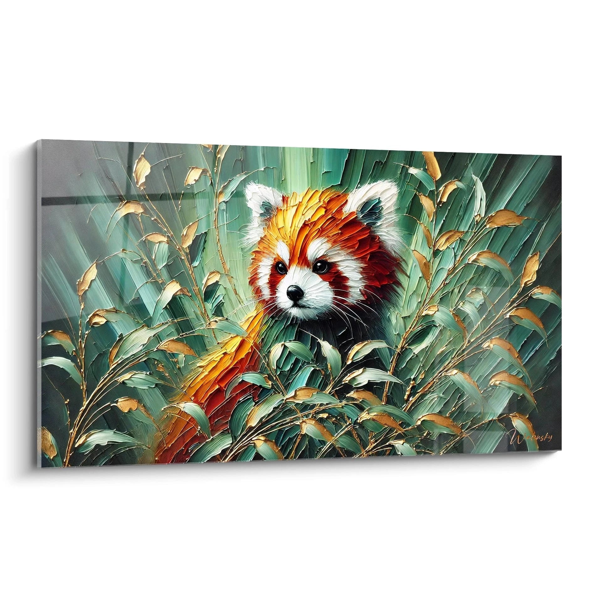 tableau panda roux vue de biais avec ses couleurs vibrantes et sa texture en relief parfait pour une decoration contemporaine qui cherche a apporter chaleur et serenite a votre interieur