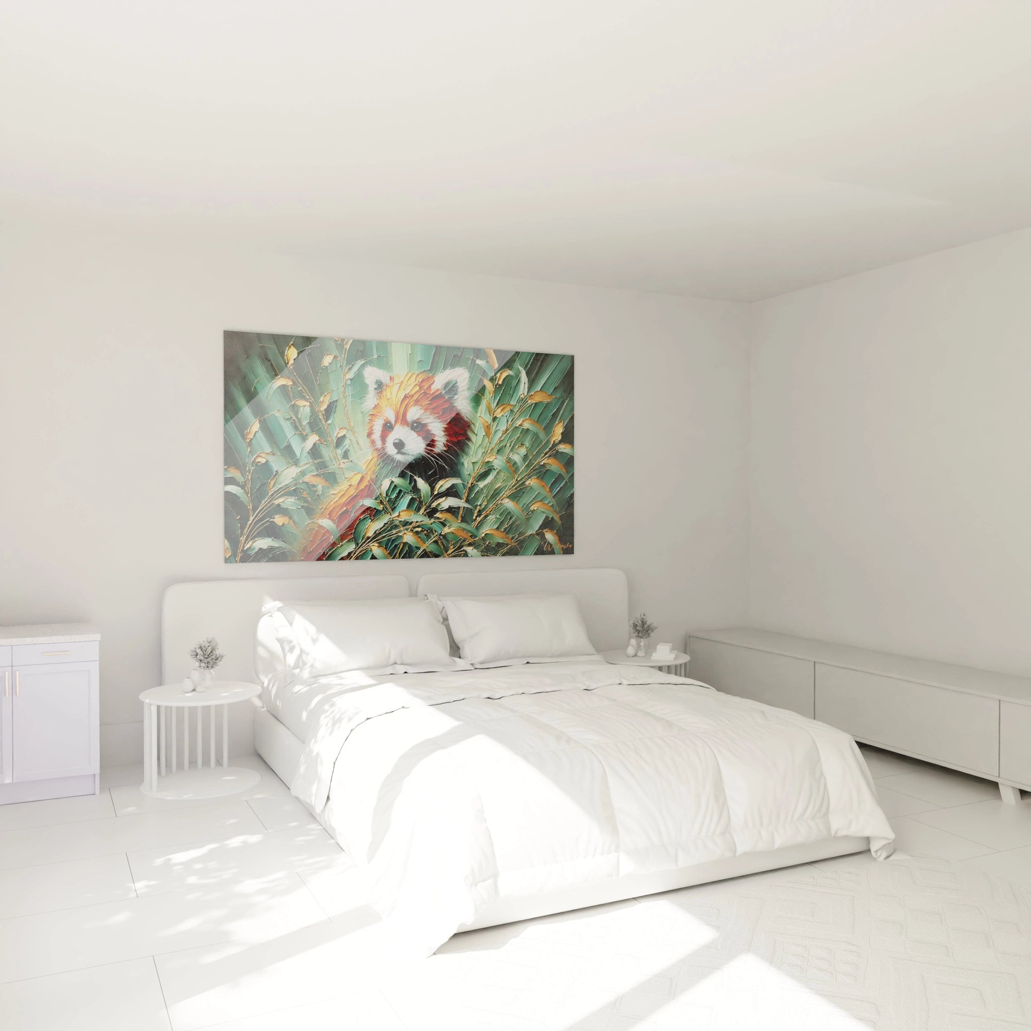 apportez une touche de nature apaisante a votre chambre avec ce tableau panda roux eloge de la serenite et de l'elegance avec des teintes vertes et dorees pour une ambiance raffinee et exotique