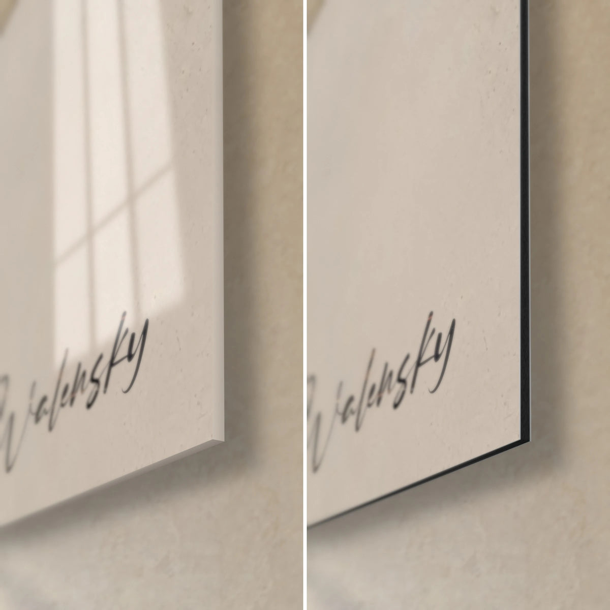 Wall art bear in cream and black swirls, bottom right corner: glossy acrylic glass on the left, matte Dibond aluminium on the right, Walensky signature