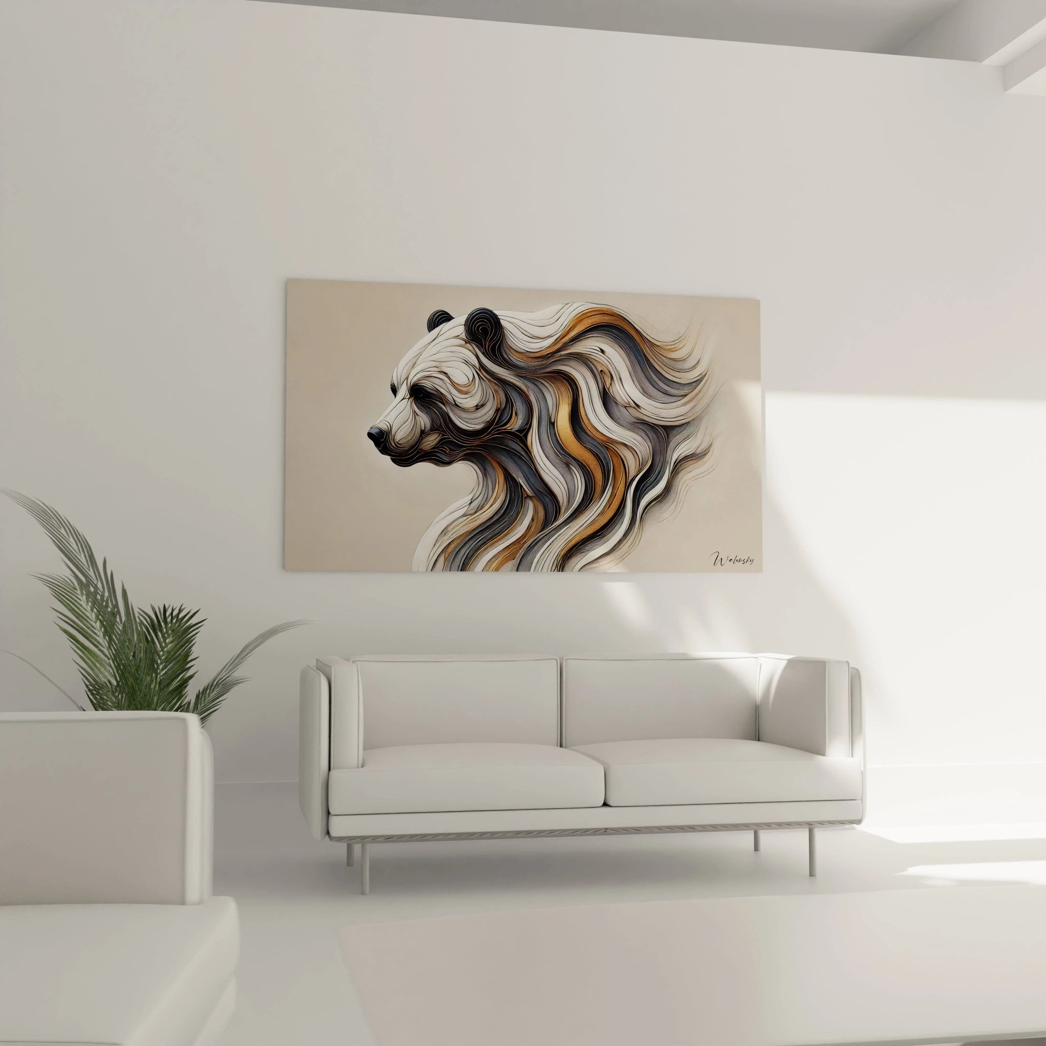 Sublimez votre salon avec ce tableau grizzly accroche au dessus du canape. Son style abstrait et ses teintes douces beige bronze et gris apportent une atmosphere elegante et captivante.