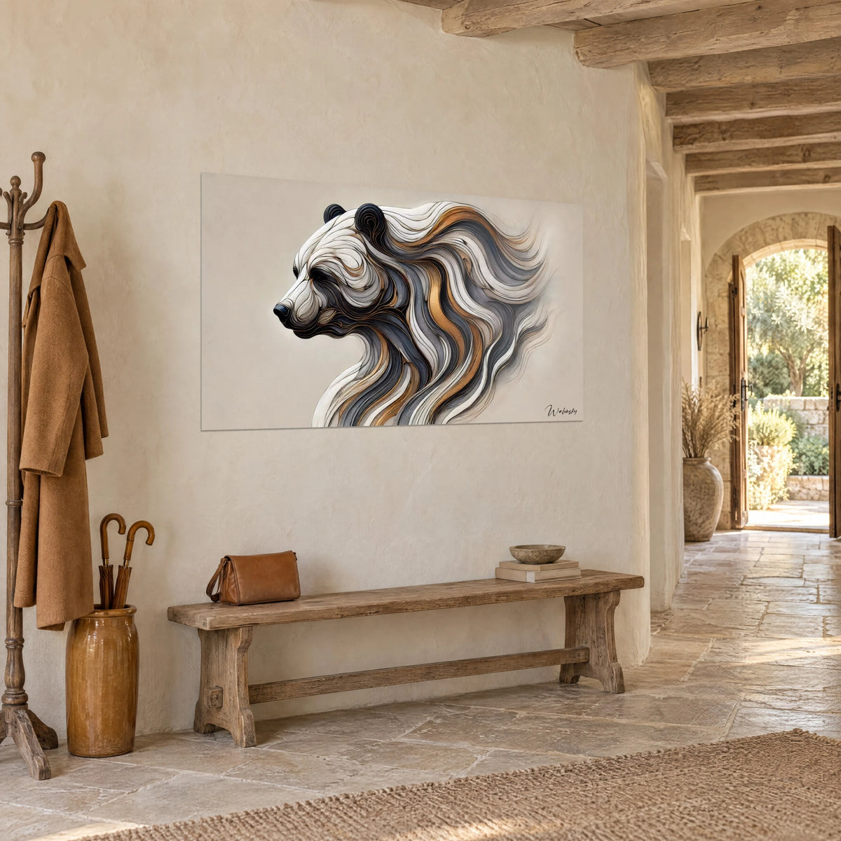 Wall art grizzly in profile, fur of ivory, charcoal and gilded bronze curls, three-quarter view in a stone-floored entrance hall