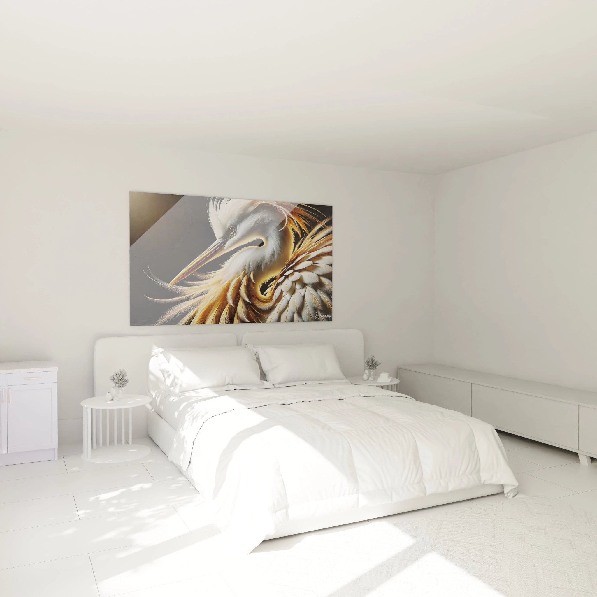Dans cette chambre ce tableau heron capte l'oeil au-dessus du lit apportant calme et sophistication grace a ses nuances harmonieuses et son impression visuelle unique ideal pour une deco elegante