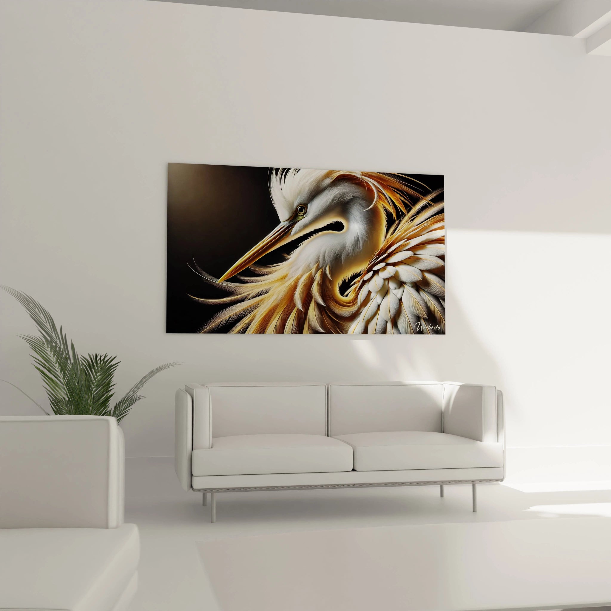 Ce tableau heron trone au-dessus du canape dans le salon offrant une presence majestueuse les contrastes de couleurs enrichissent la piece en ajoutant une touche de grace et d’equilibre naturel