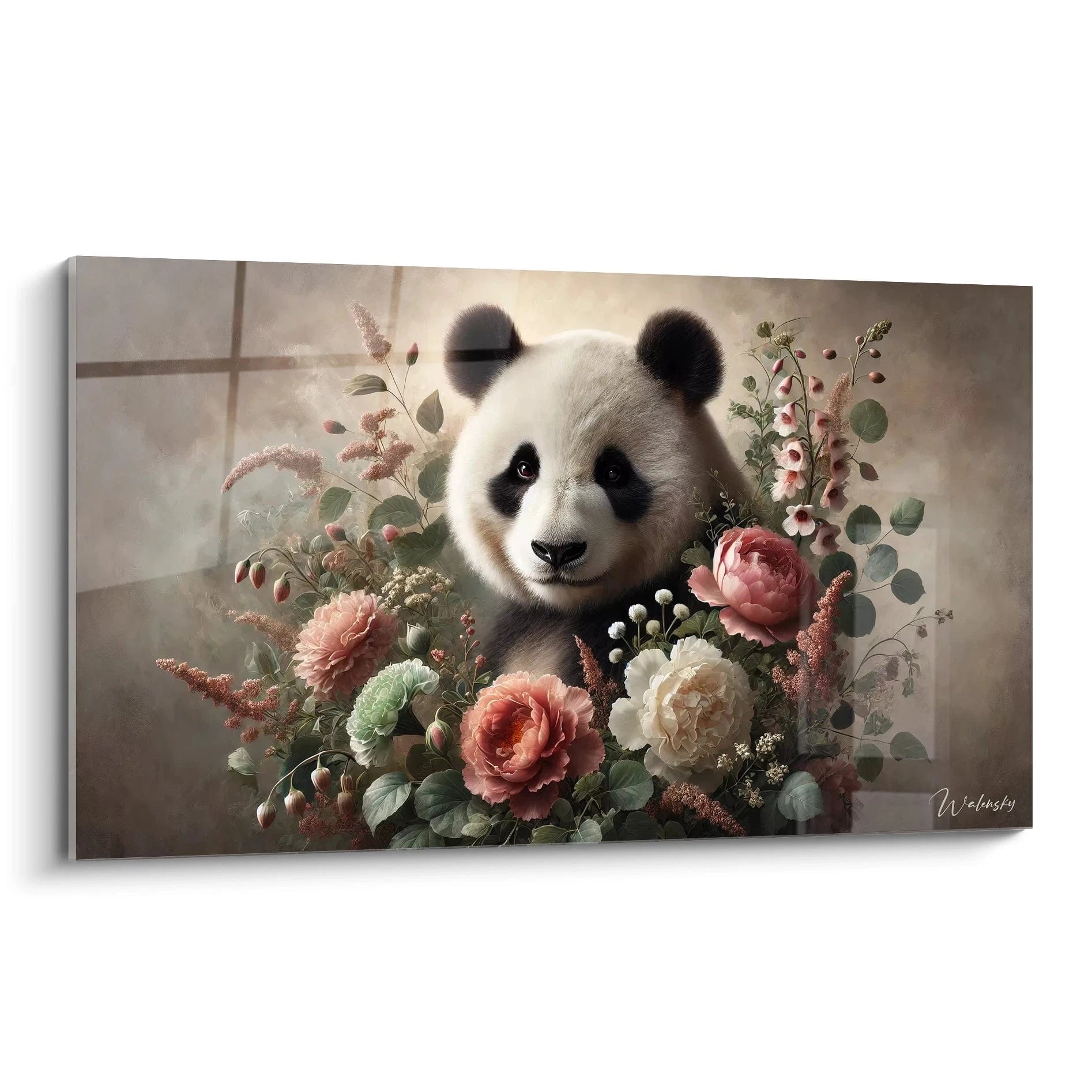 Tableau panda geant en vue de biais, mettant en valeur les fleurs pastel qui l'entourent. Ideal pour une decoration douce et naturelle, ce tableau apporte une touche de serenite a votre espace.