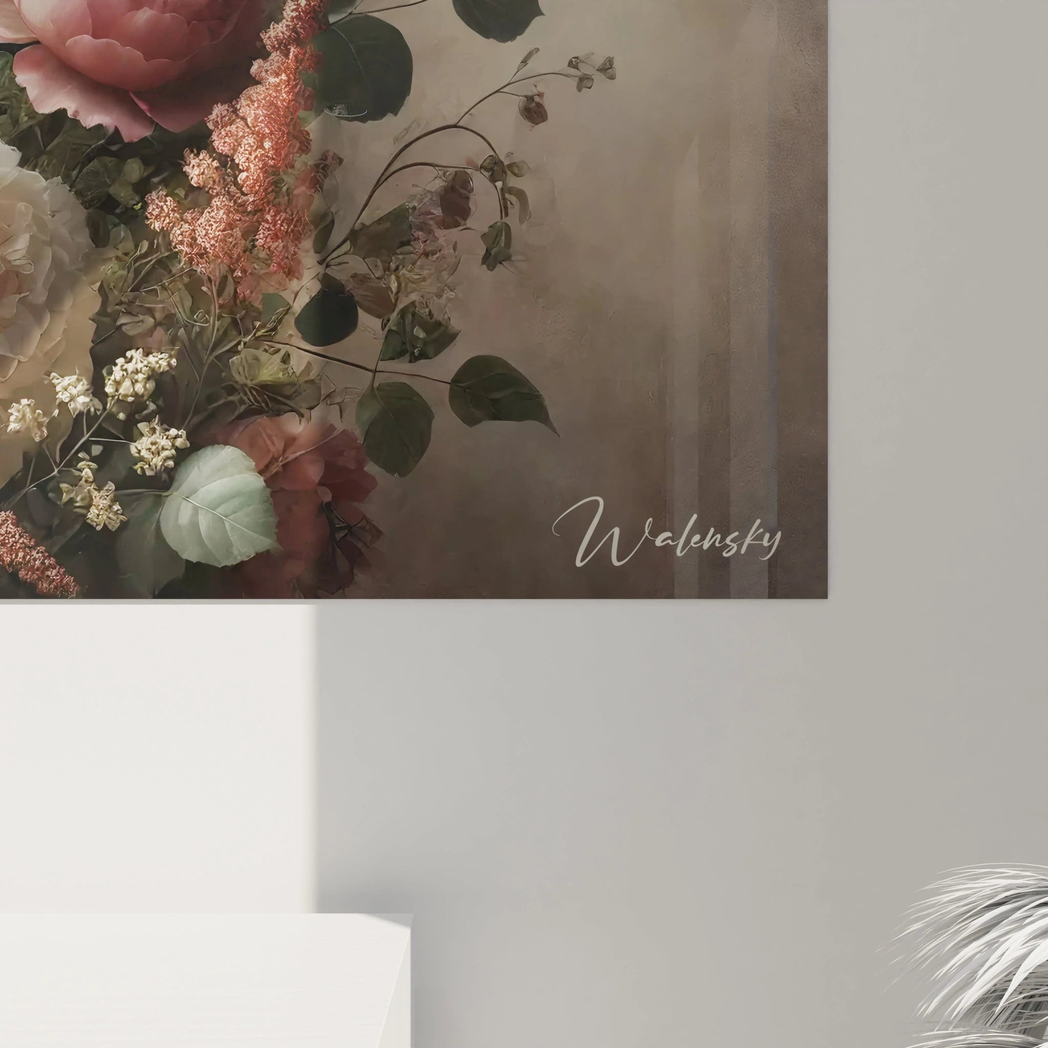 Gros plan sur le tableau panda geant. Le panda et les fleurs delicates sont peints avec un style realiste, offrant une belle touche de nature douce a votre interieur.