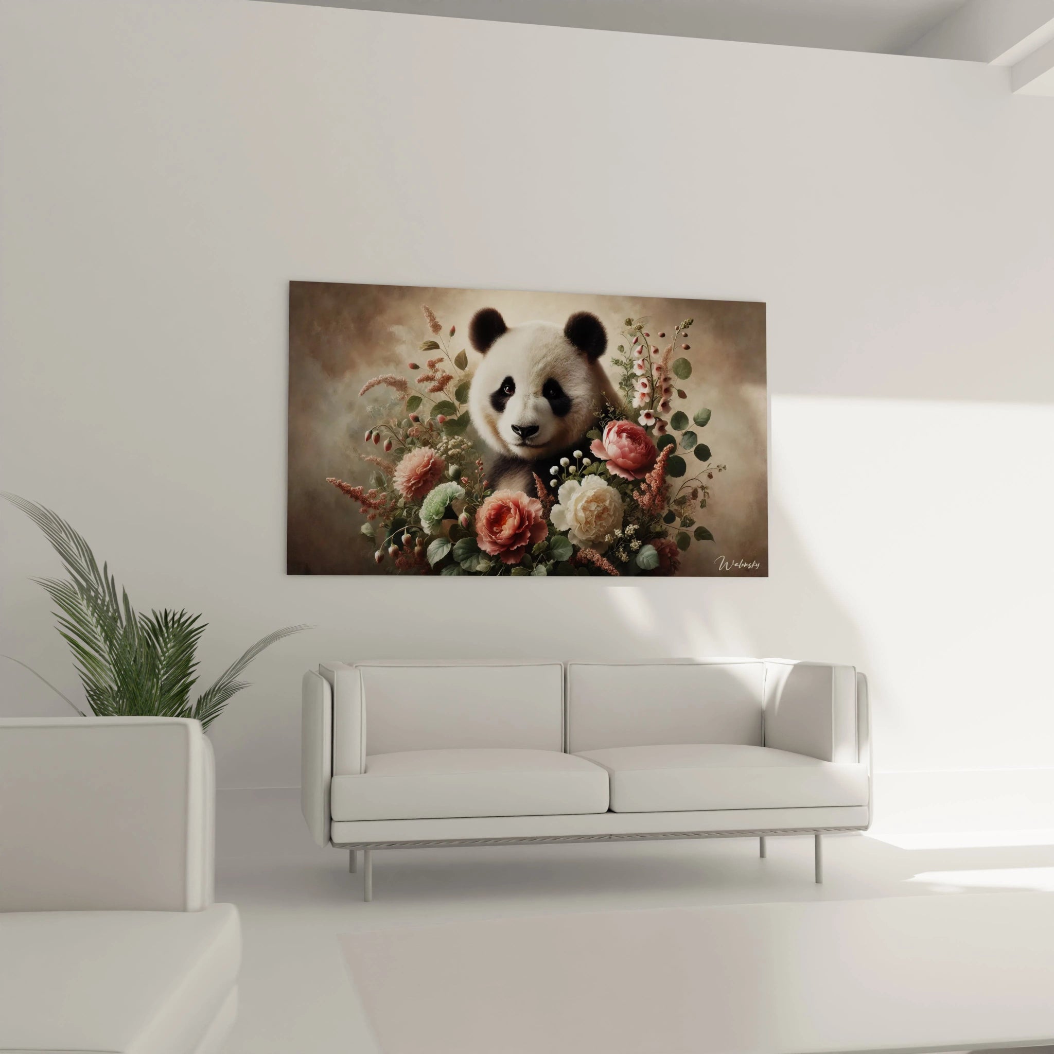Tableau panda geant dans un salon, au-dessus du canape. Les couleurs pastel et le panda cree une harmonie visuelle, ideale pour une atmosphere relaxante et invitee a l'evasion.