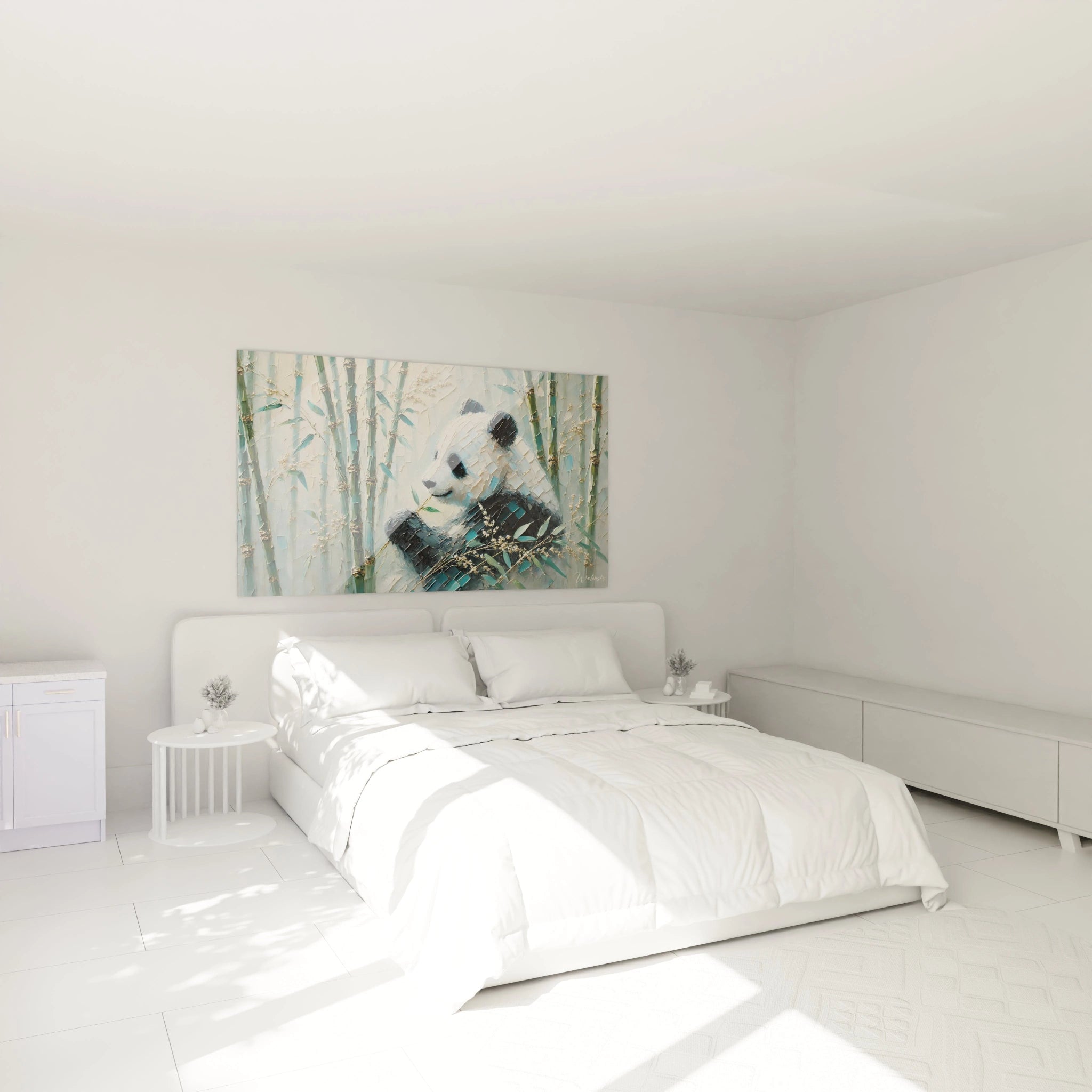 tableau panda geant accroche au dessus du lit dans une chambre : apportez une touche de serenite et de nature a votre interieur avec ce tableau texturé. Le sourire doux du panda rend la chambre plus accueillante.