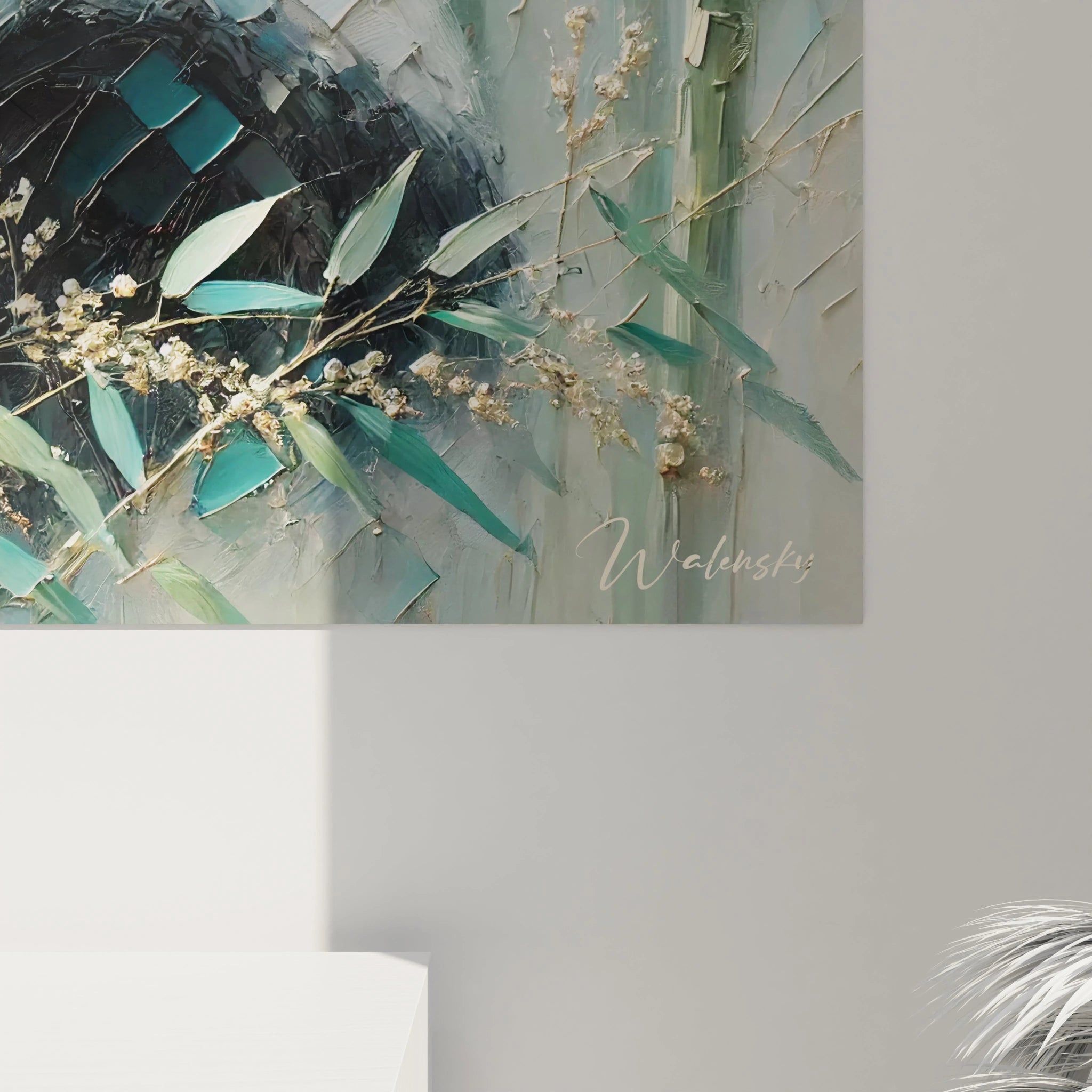 vue de pres du tableau panda geant : details de texture riche et reliefs sur le pelage blanc du panda et les feuilles de bambou. Le jeu de couleurs vertes et beiges rend ce tableau unique et vivant.