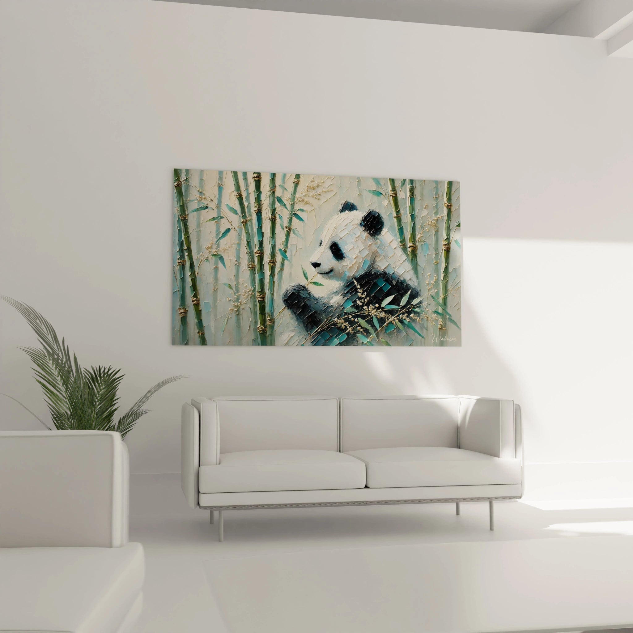tableau panda geant accroche dans un salon : ce tableau texturé avec des tons verts et beiges apporte de la fraicheur et une ambiance zen. Ideal au dessus d'un canapé pour une decoration captivante et vivante.