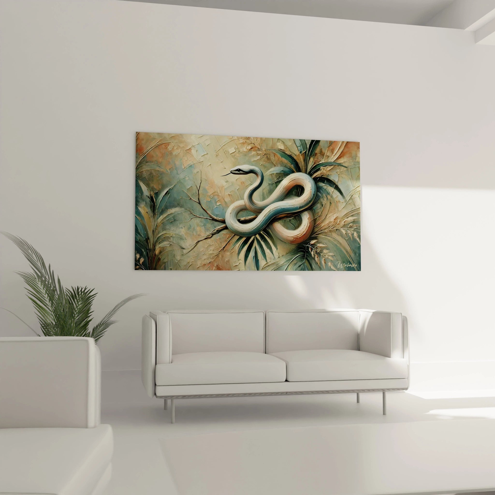 tableau serpent au dessus du canape un design captivant avec des textures riches et des tons beiges et verts qui apportent une touche de nature et de calme dans votre salon