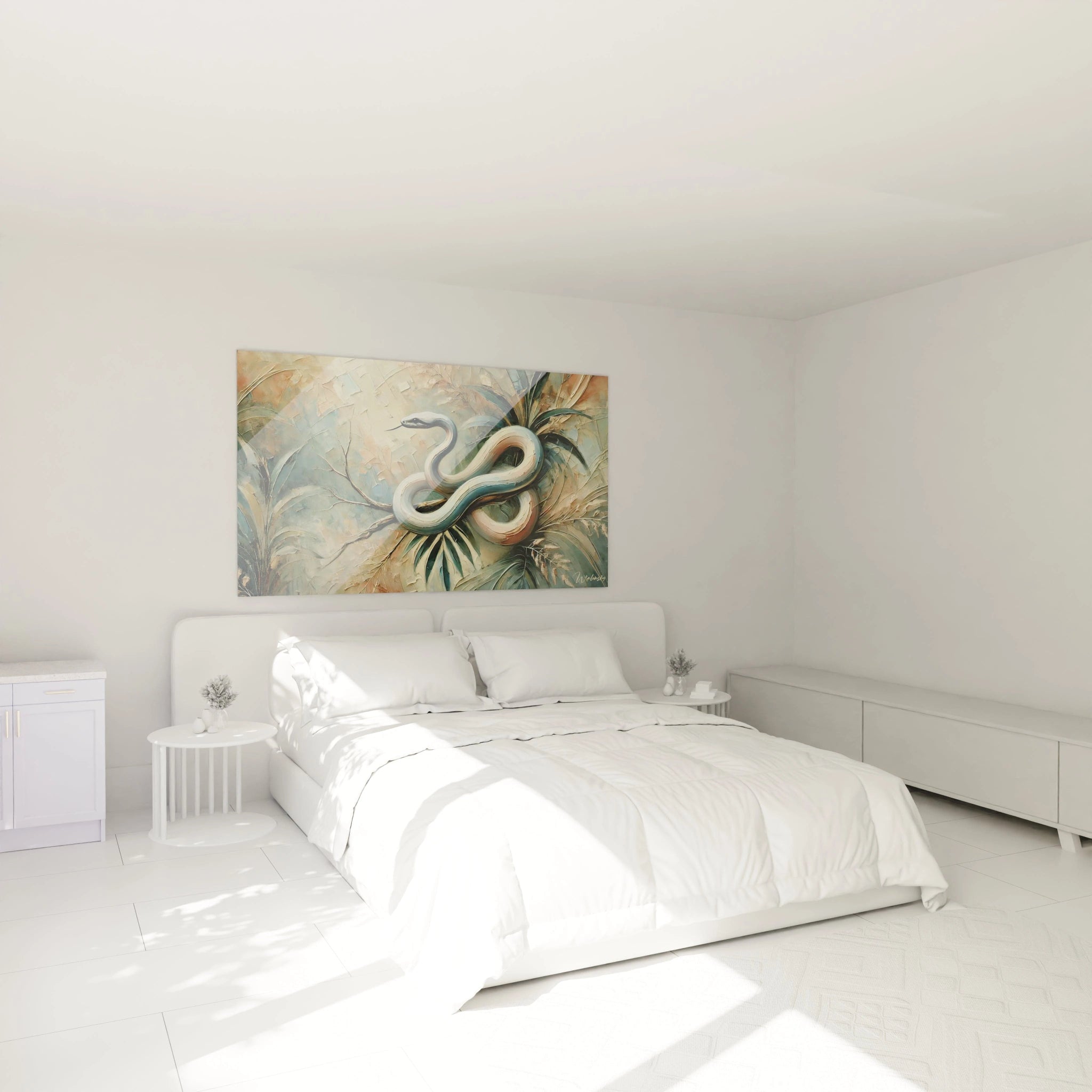 accroche au dessus du lit ce tableau serpent en nuances de bleu et beige cree une atmosphère de serenite et de sophistication ideal pour une chambre au style naturel et elegant