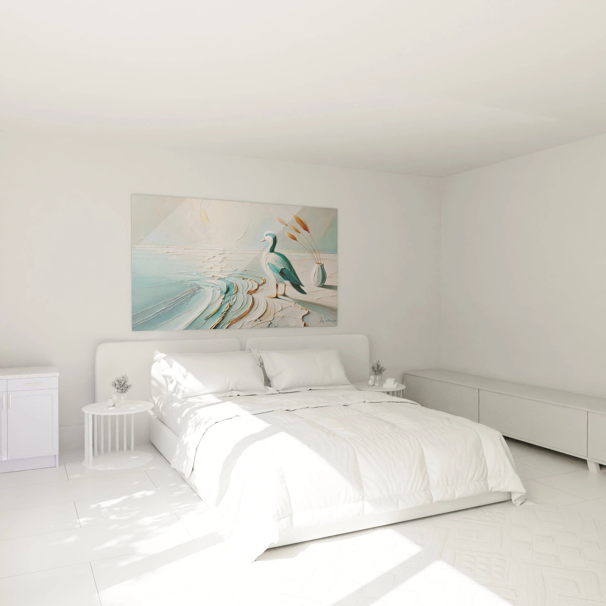 Dans cette chambre, le tableau canard au-dessus du lit invite a la contemplation. Avec ses teintes de bleu et d'or, il cree une ambiance paisible, ideal pour se ressourcer en fin de journee.