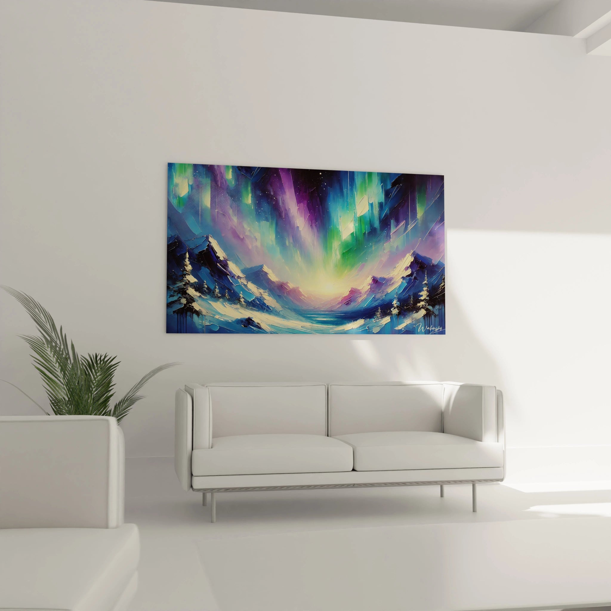 Accroche au mur dans votre salon, ce tableau Aurore Boreale attire tous les regards avec ses couleurs vibrantes, apportant mystere et elegance.