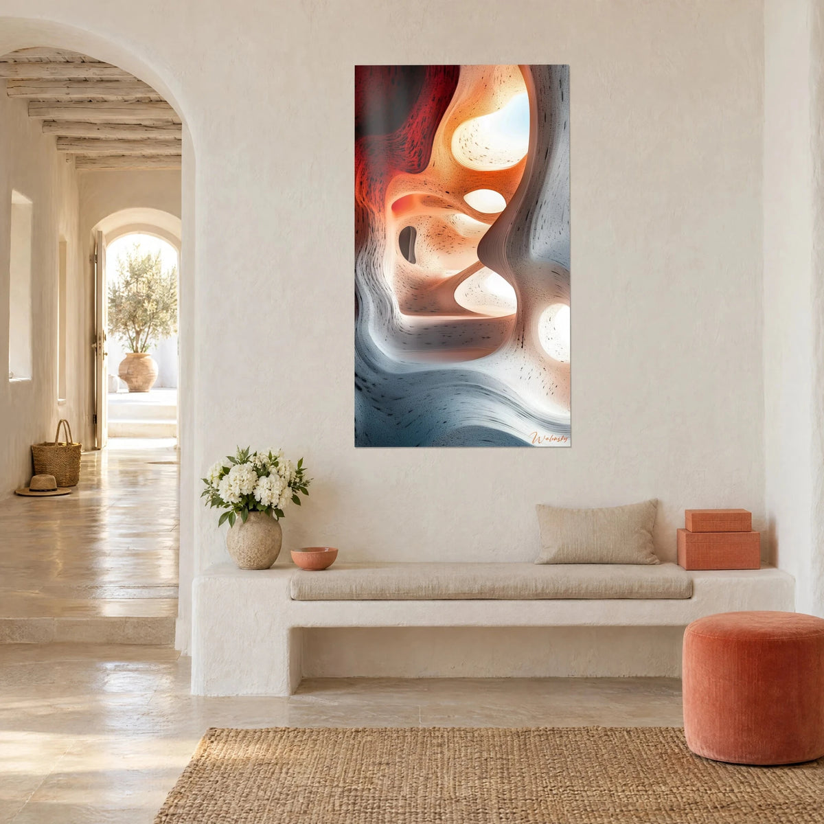Wall art rippling sandstone canyon, apricot orange and grey-blue curves, bright openings, three-quarter view, white bench and coral pouf