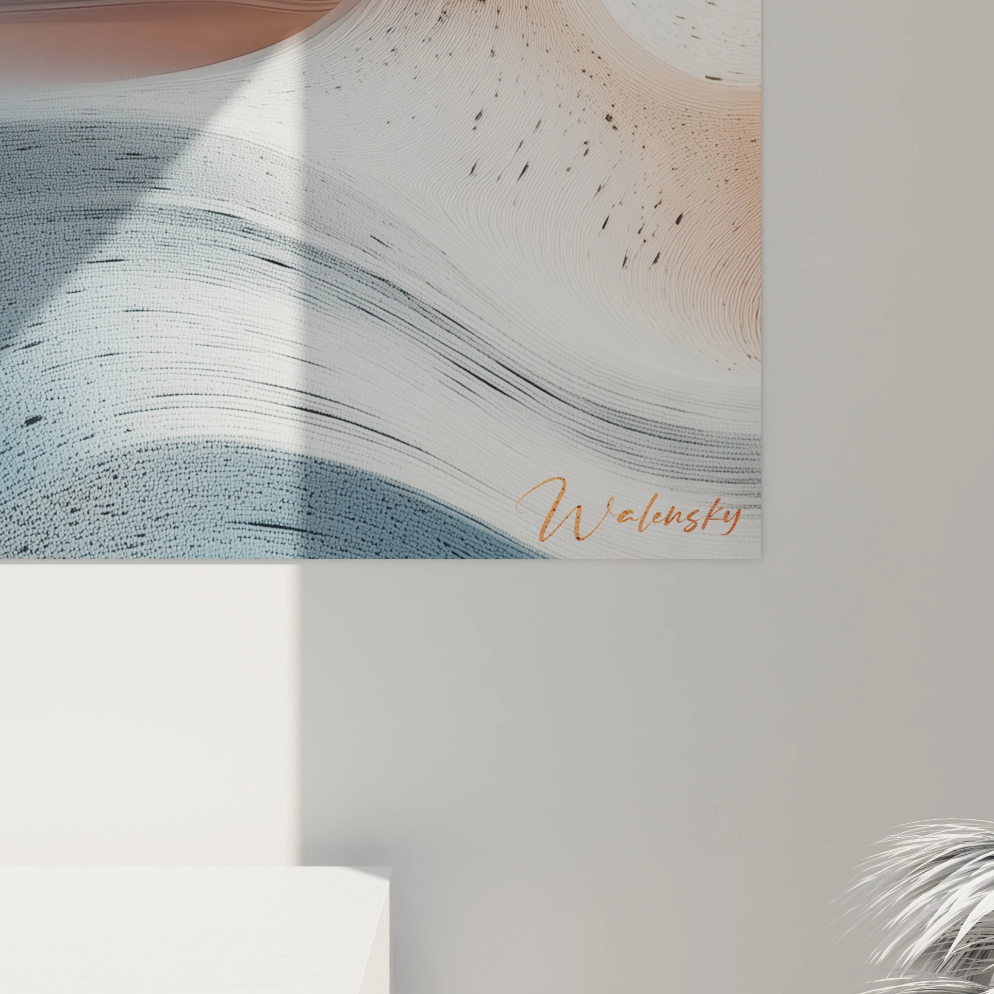 Un tableau organique aux courbes concentriques formant des cavités lumineuses contrastées, dans une palette de rouge profond, beige rosé et bleu glacial, avec une texture stratifiée finement détaillée créant un effet de profondeur sculpturale.