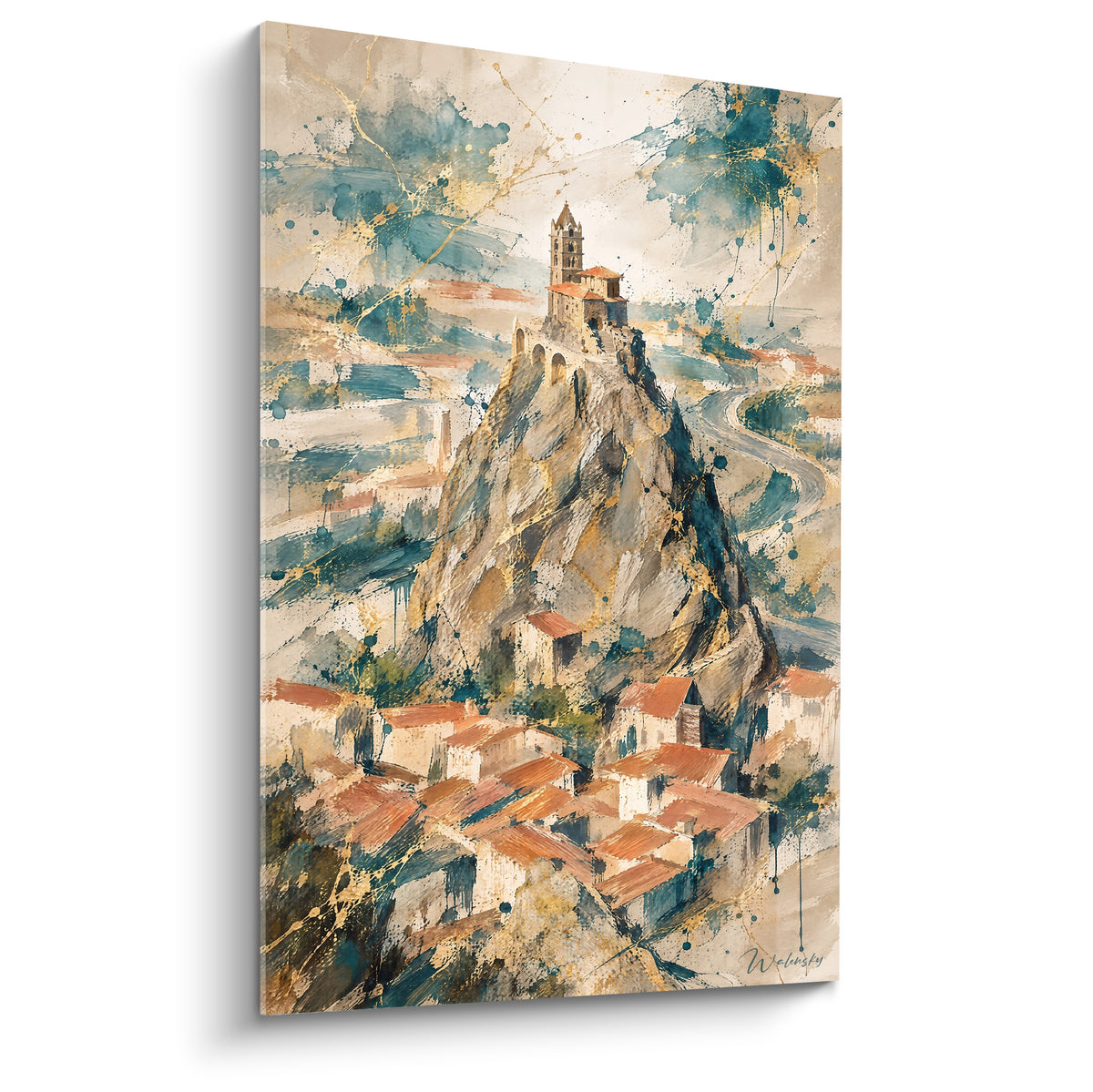 Chapelle Saint-Michel perchée sur un rocher aux teintes beige et terracotta dorées