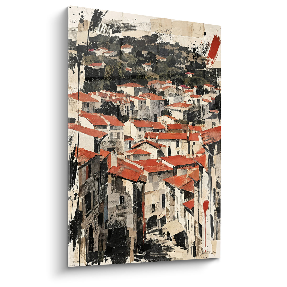 Village aux toits terracotta et murs blancs, collage graphique noir et rouge sur colline boisée