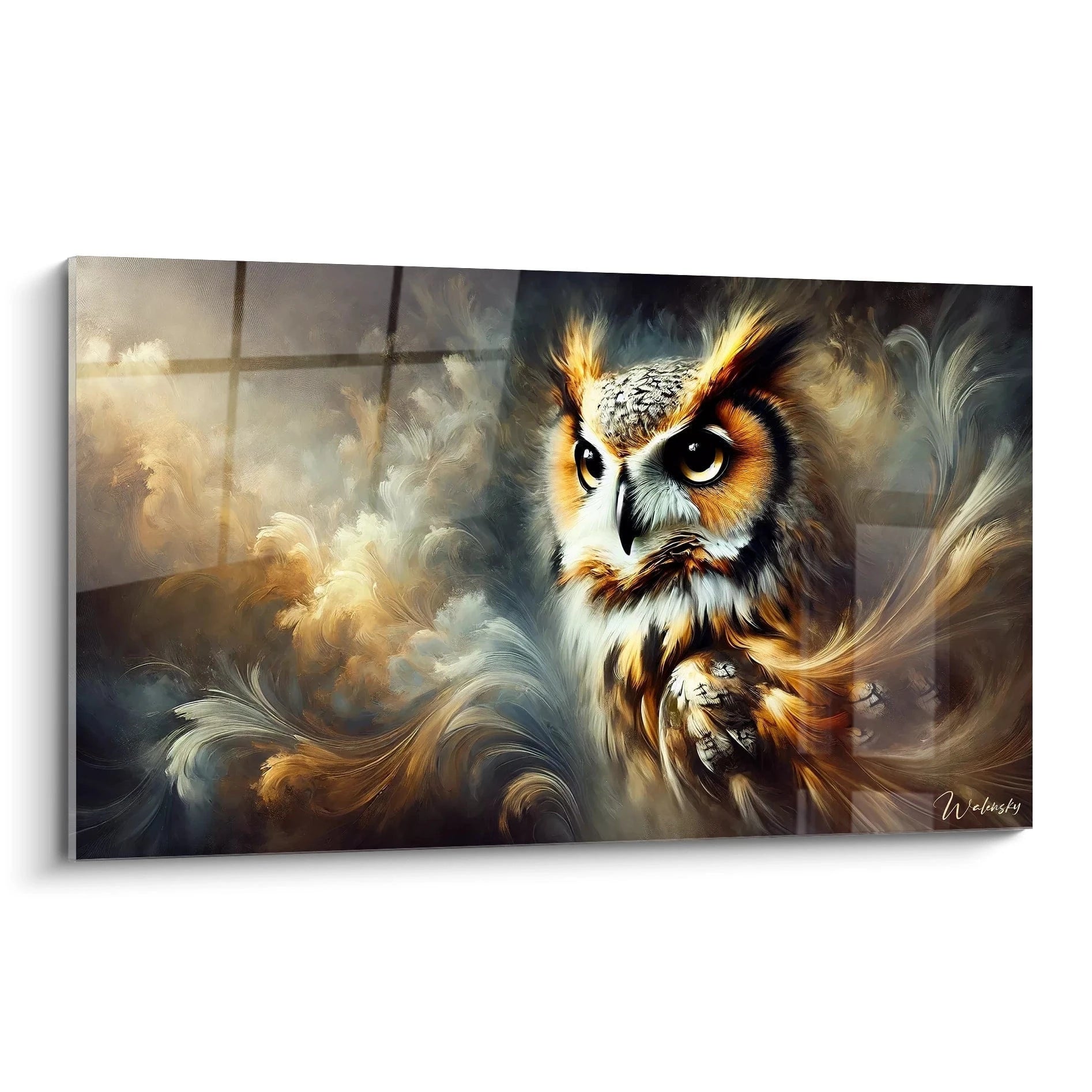 tableau hibou vu de biais dans des tons beige bronze et noir captures fluidité des plumes et mystère du regard intense harmonie de mouvement et calme idéal pour un intérieur apaisant et élégant