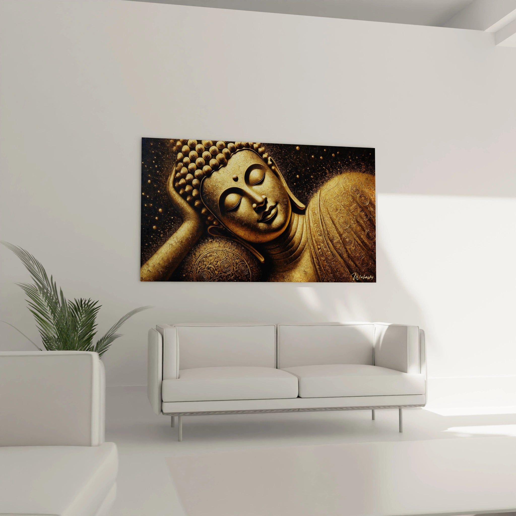 Découvrez ce tableau zen dans un salon, installé au-dessus d’un canapé, créant une ambiance apaisante et harmonieuse.
