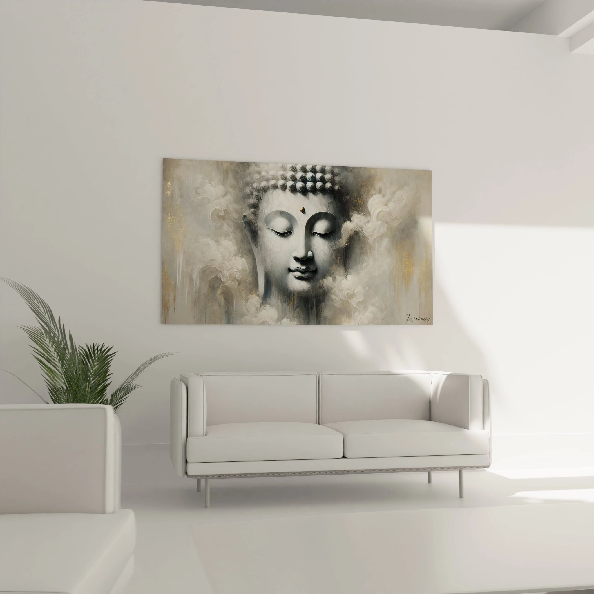 Au-dessus d'un canapé dans le salon, ce tableau Bouddha apporte une énergie spirituelle et une touche contemporaine, transformant votre espace en un havre de paix.