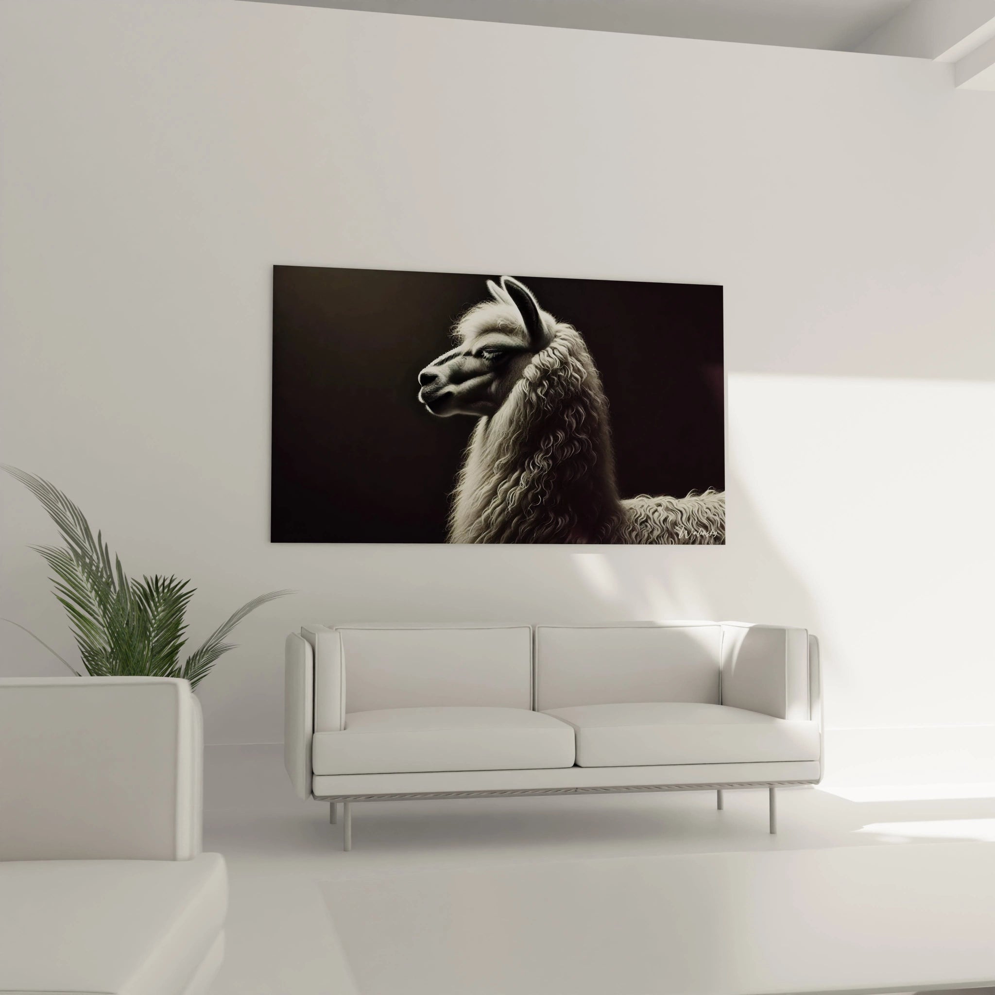 Ce tableau lama accroché dans le salon au dessus du canapé allie simplicité et noblesse. La texture de sa laine et son regard tranquille créent une ambiance apaisante et contemporaine.