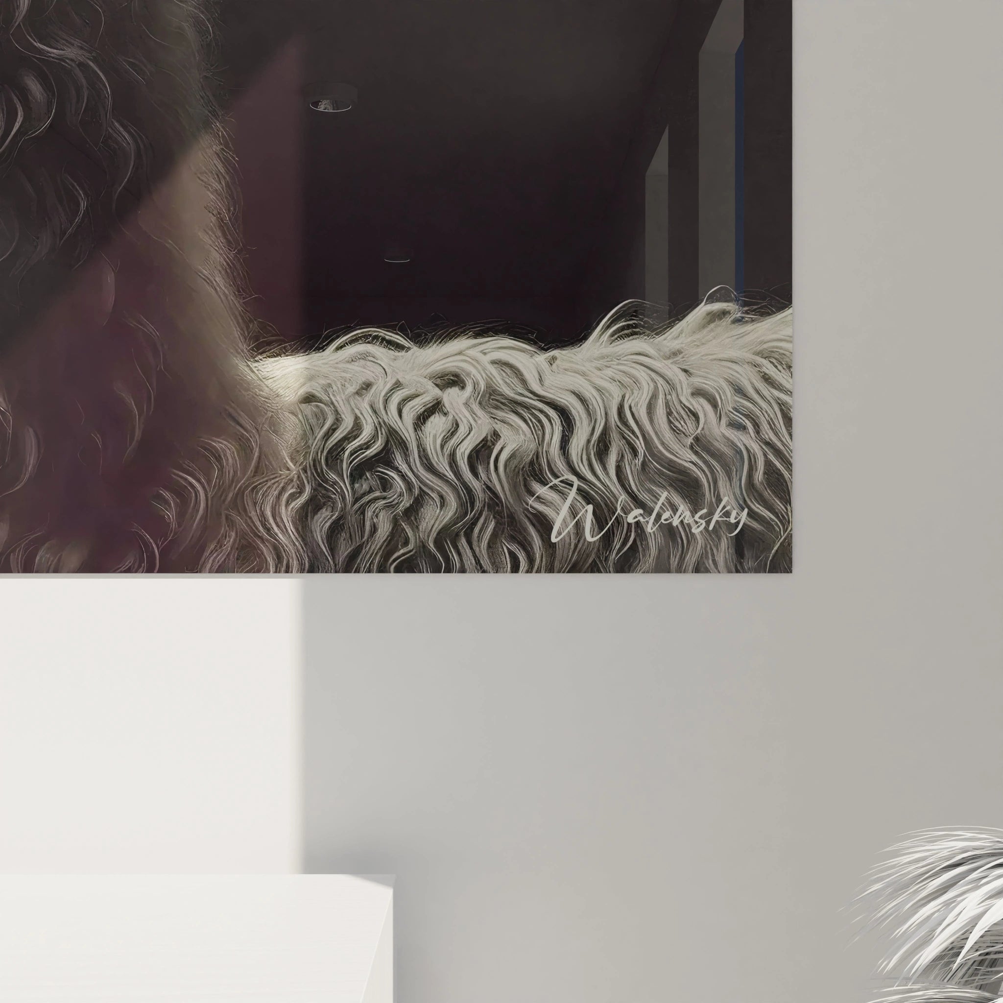 Vue rapprochée de ce tableau lama, où chaque détail de sa laine bouclée est mis en valeur. L éclat subtil de lumière et l expression sereine du lama invitent à la contemplation.