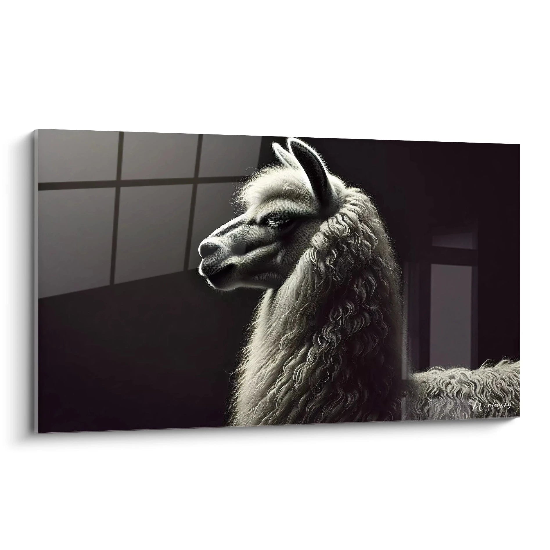 Admirez ce tableau lama vu de biais qui capture l essence sereine de cet animal majestueux. Le contraste hypnotique de sa laine et son regard apaisant créent une atmosphère intemporelle.