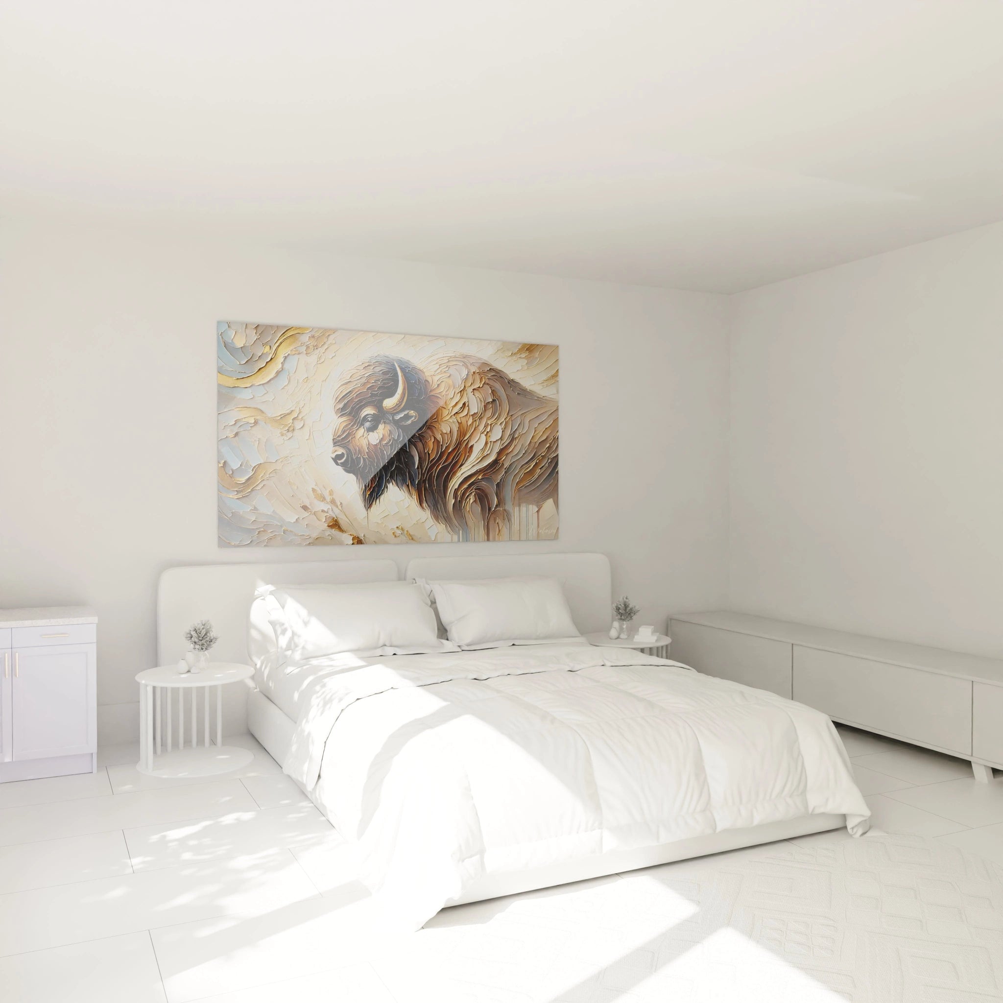 Accroche un tableau bison au dessus de ton lit pour une touche de puissance naturelle dans ta chambre. Ses textures et teintes bronze or et beige apportent calme et robustesse a ton interieur