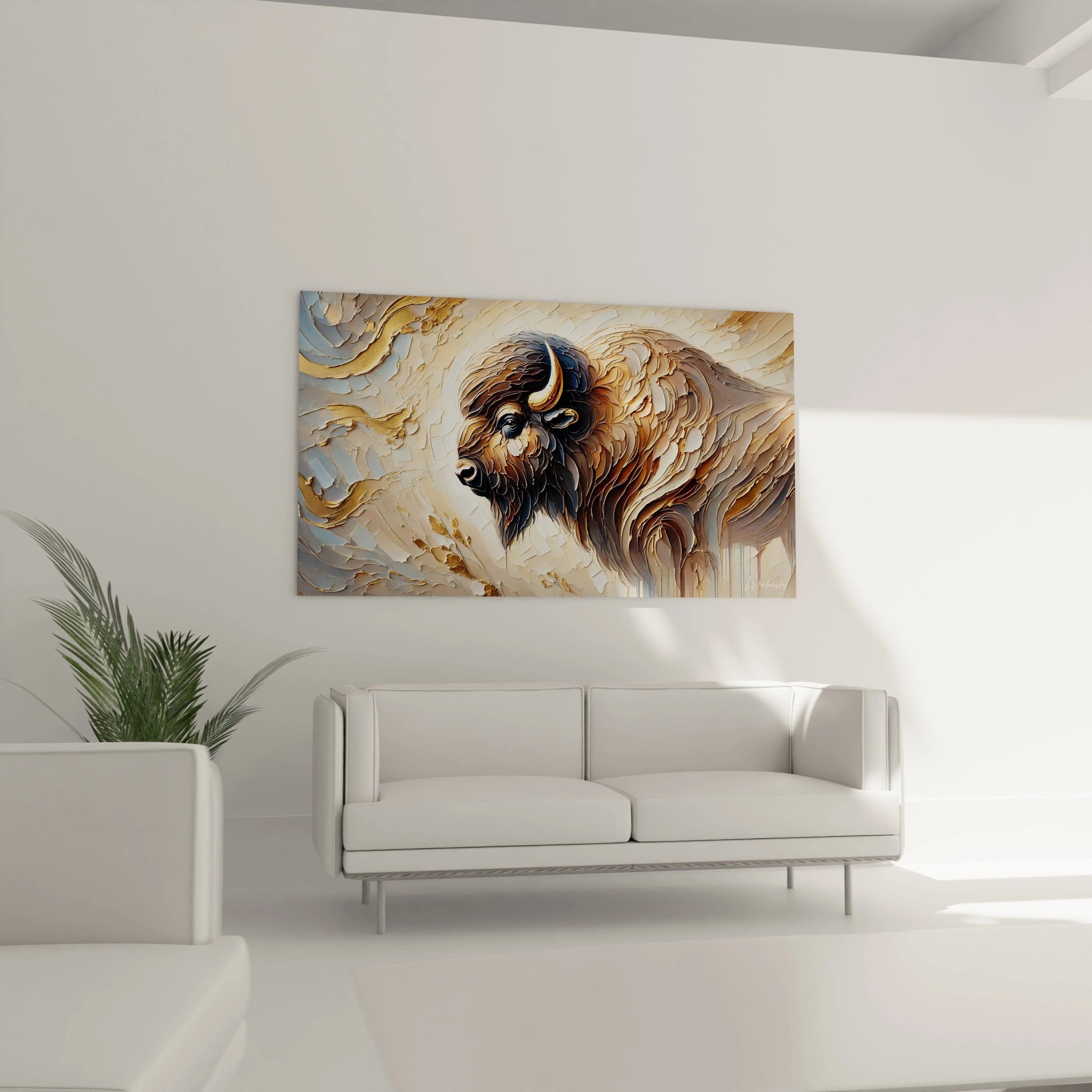 Un tableau bison accroche au dessus de ton canape transforme ton salon avec sa representation puissante. Ses couleurs bronze or et beige apportent une energie sauvage a ton espace