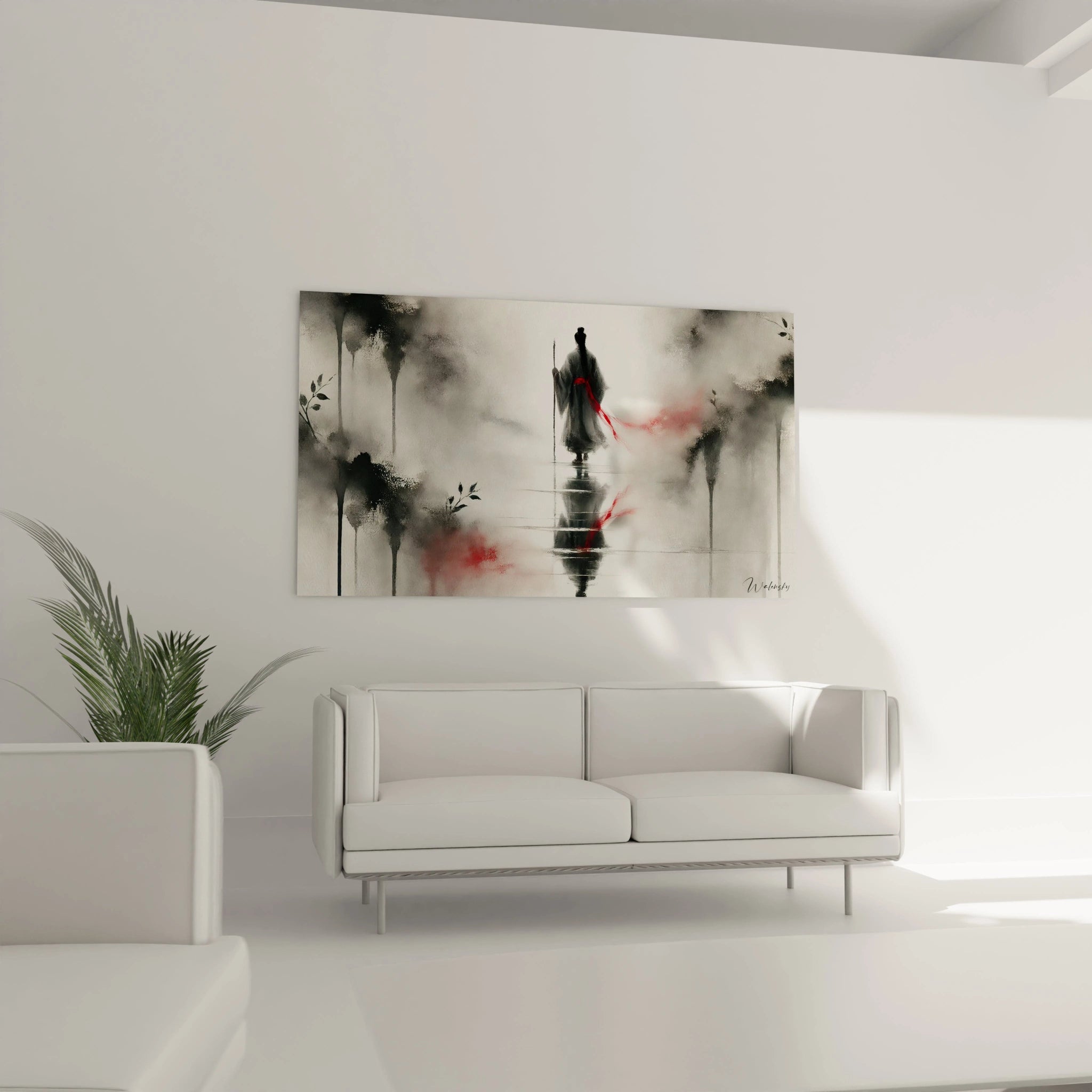 Ce tableau zen suspendu au-dessus d’un canapé ajoute une touche de calme et de mystère à votre salon, invitant à la contemplation.