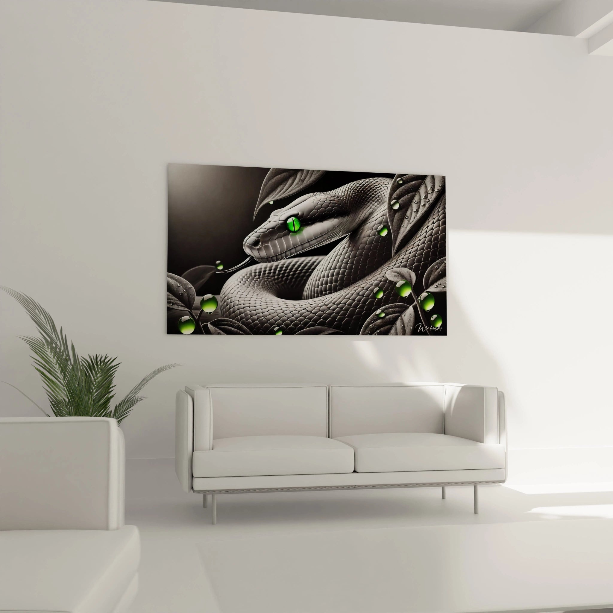 Ce tableau serpent suspendu au-dessus du canapé dans le salon sublime votre intérieur moderne avec son design détaillé et captivant. Son ambiance mystérieuse et ses couleurs sobres s'integrent a merveille.