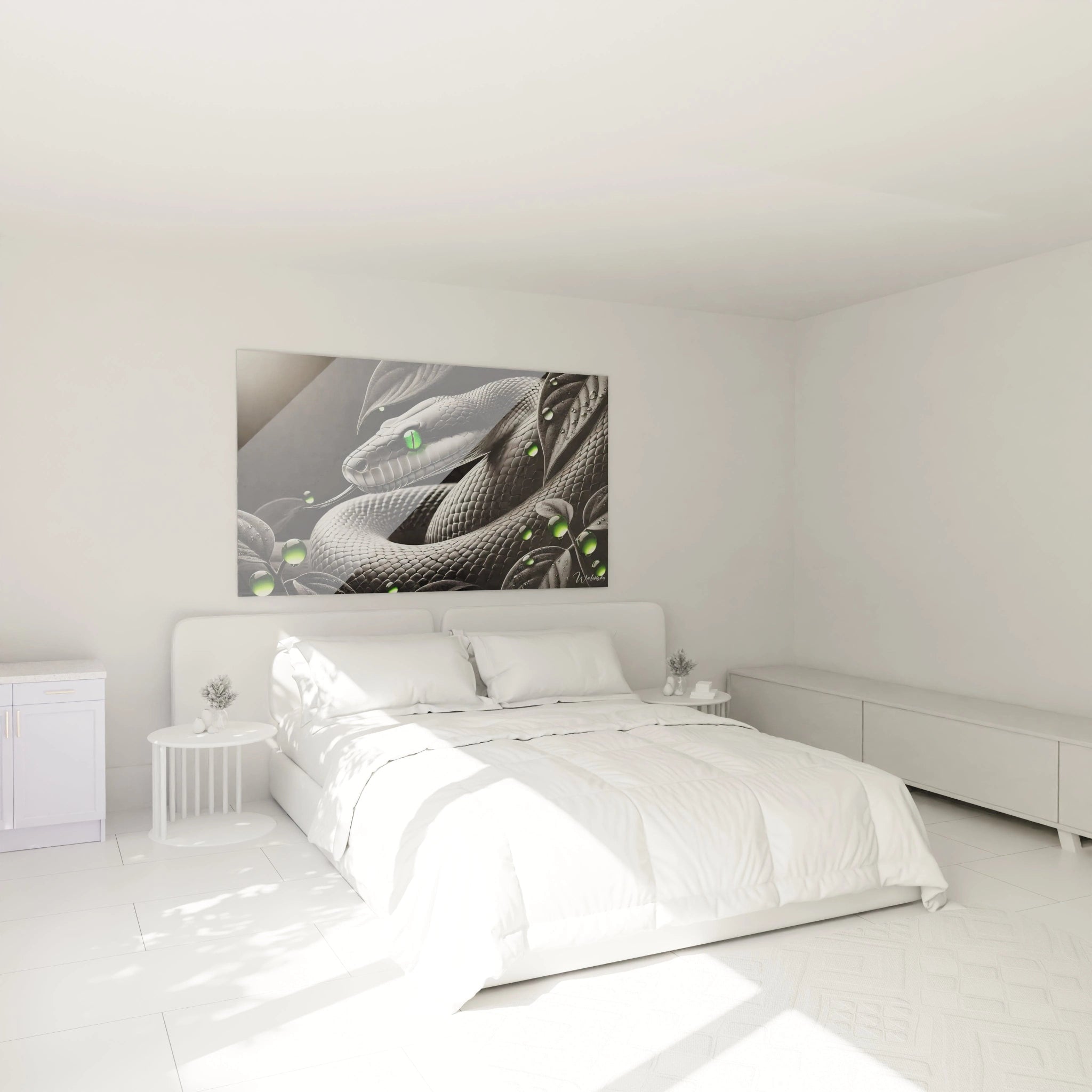 Dans cette chambre, le tableau serpent accroché au-dessus du lit crée une ambiance apaisante et mystérieuse. Ses couleurs noires et argent attirent le regard, ajoutant de l'élégance a l'espace.