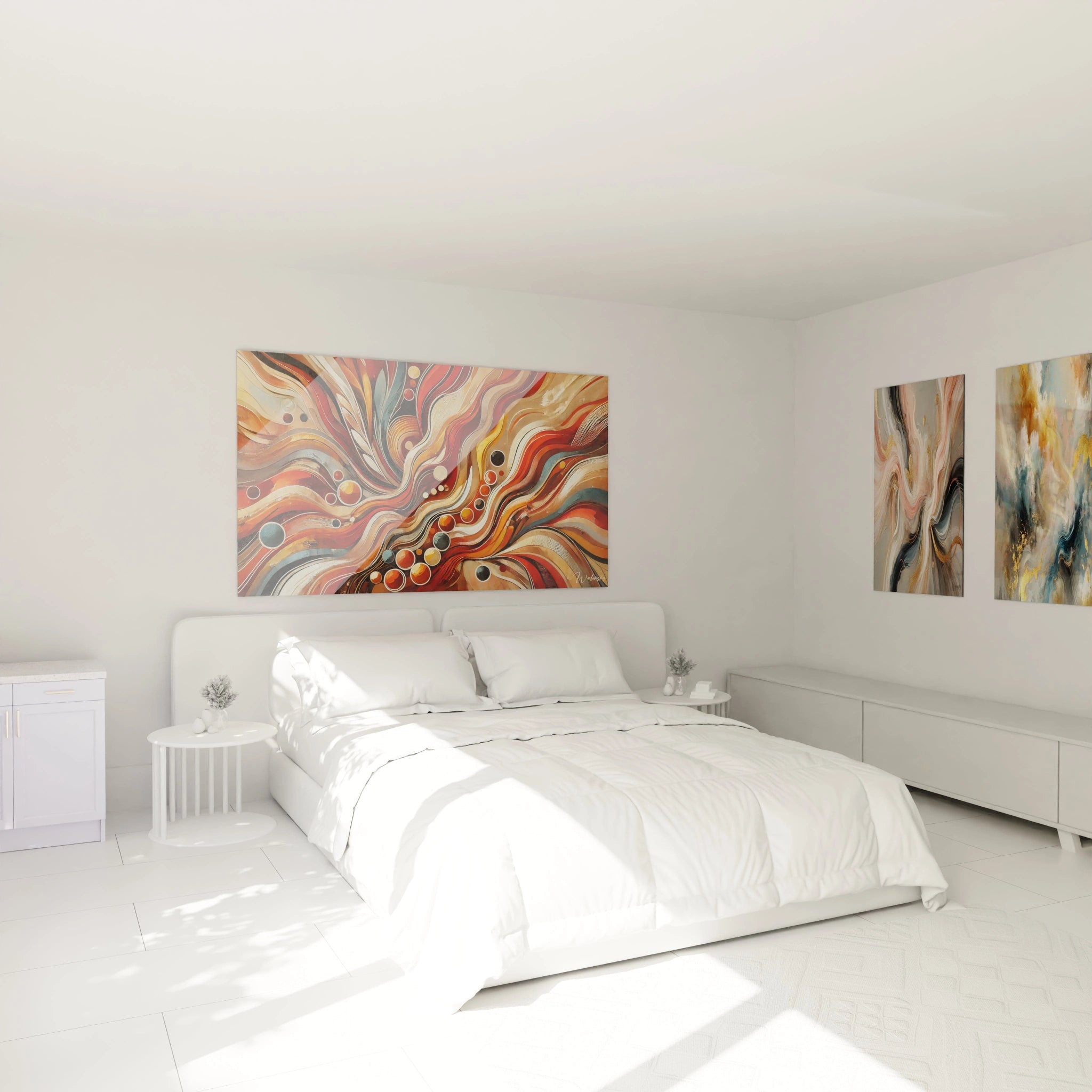 Tableau abstrait aux teintes chaudes et profondes, accroché au-dessus d'un lit. Idéal pour une chambre moderne, il apporte une touche d'énergie et de sophistication à l'espace.