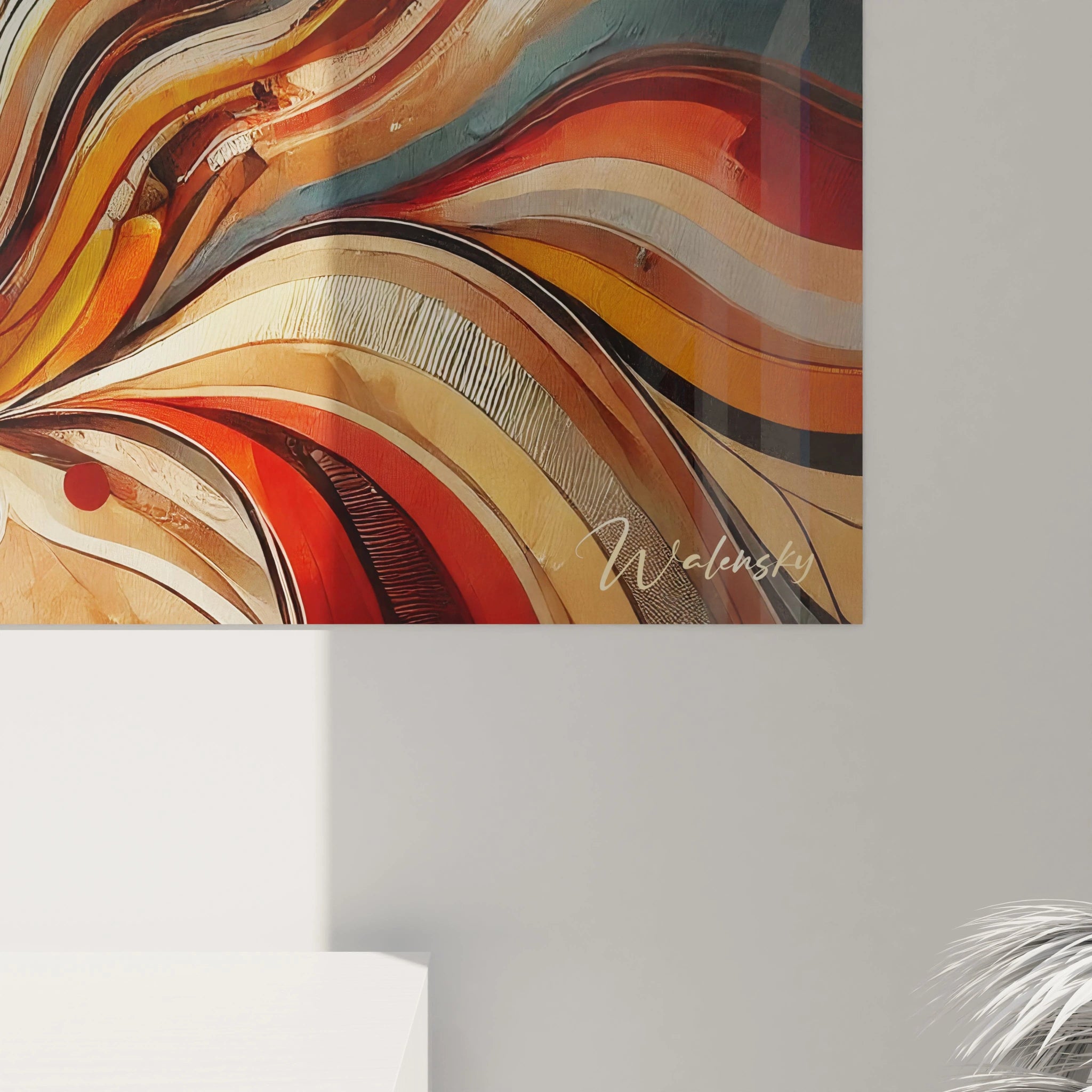 Gros plan sur un tableau abstrait aux nuances chaudes et détails texturés. Les formes circulaires et les dégradés ajoutent profondeur et mouvement à cette œuvre d'art moderne.