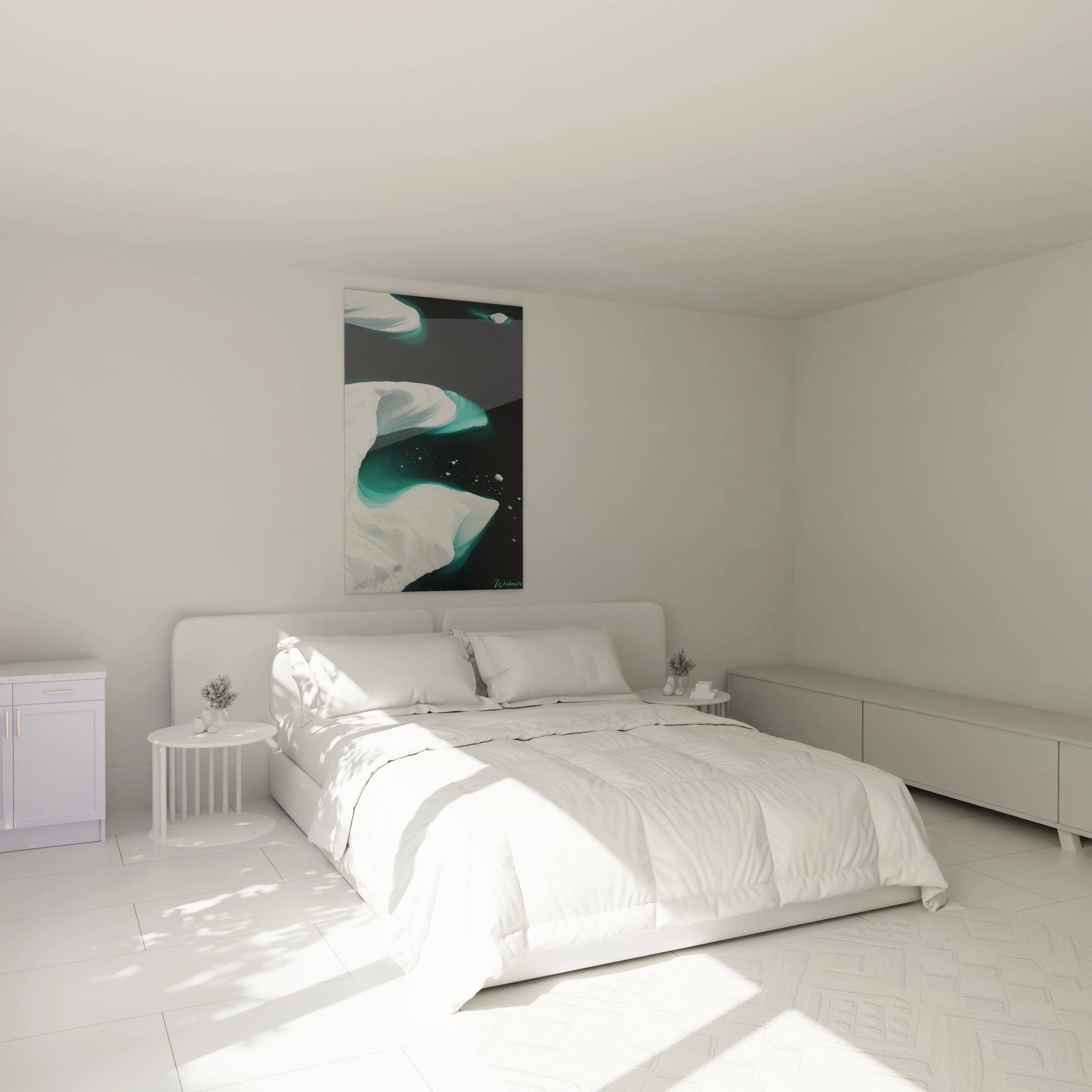 Un tableau vue aérienne polaire montrant l'interaction entre icebergs blancs et eau turquoise à bleu foncé. La composition offre une perspective plongeante sur les masses glaciaires aux bords irréguliers, avec des morceaux de glace éparpillés, créant un jeu de textures entre surfaces lisses et stratifiées.