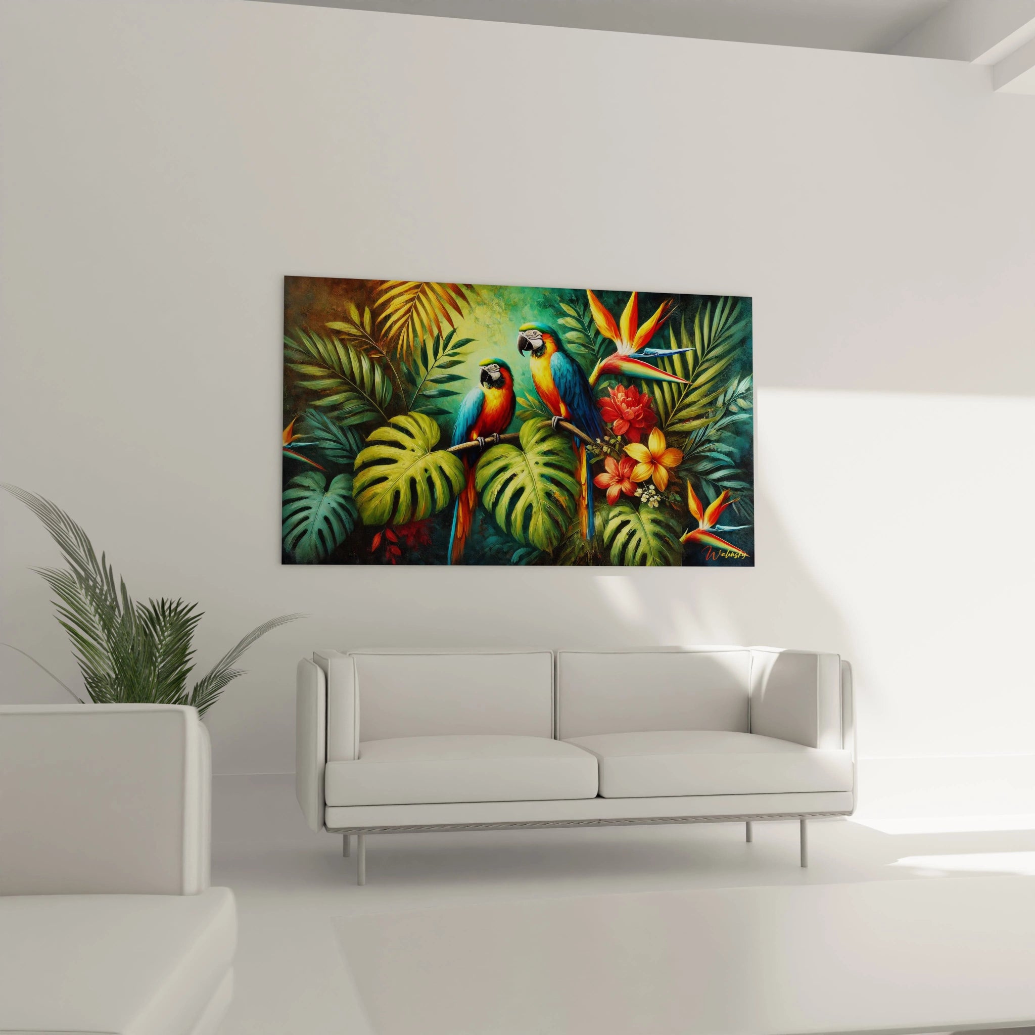 Sublimez votre salon avec ce tableau perroquet au-dessus du canapé. Les perroquets colorés et les plantes tropicales créent une atmosphère pleine de vie et d’évasion dans votre espace intérieur.