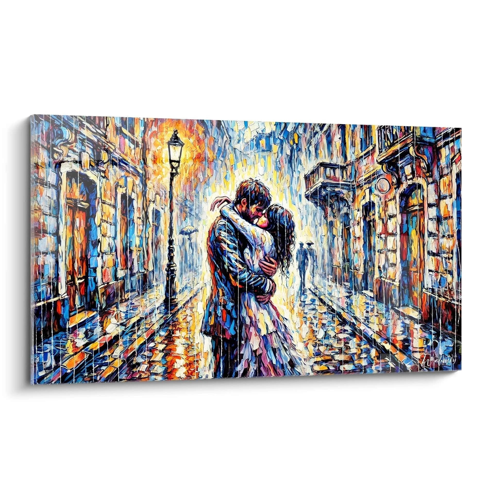 Vue de biais, ce tableau romantique illumine les émotions d'un couple sous la pluie, parfait pour enrichir votre espace avec une touche de tendresse et de couleurs vibrantes.