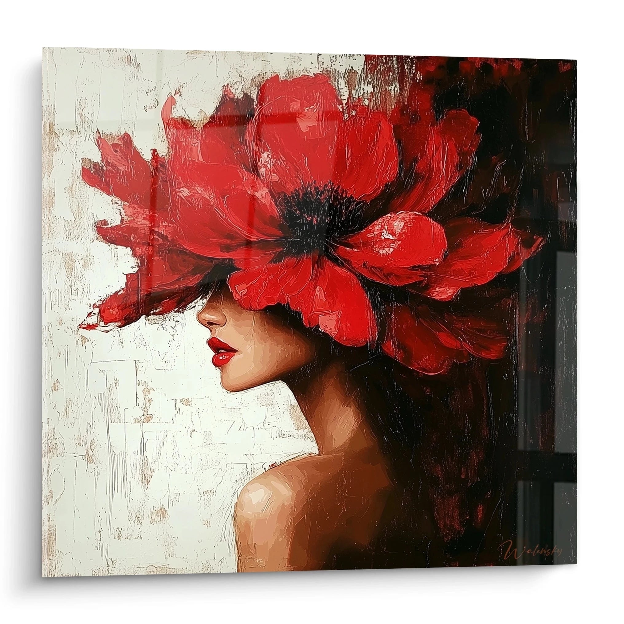 Un tableau femme fleur rouge représentant un profil féminin avec une imposante fleur écarlate remplaçant partiellement le visage. Contrastes saisissants entre rouge vif, beige et noir profond sur fond texturé blanc et sombre. Coups de pinceau épais créant du relief.