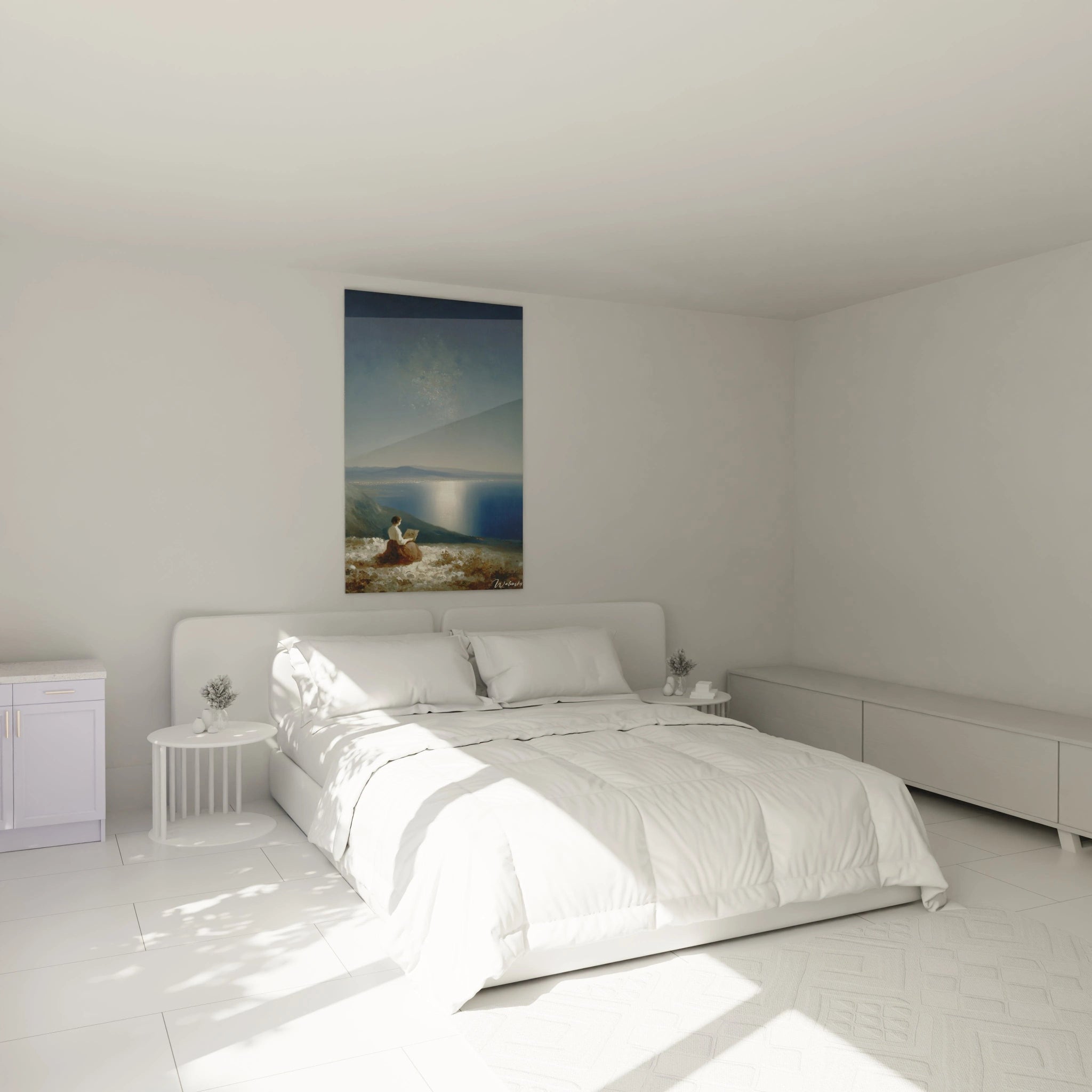 tableau mural romantique haut de gamme Walensky suspendu au dessus d un lit blanc minimaliste dans une chambre lumineuse