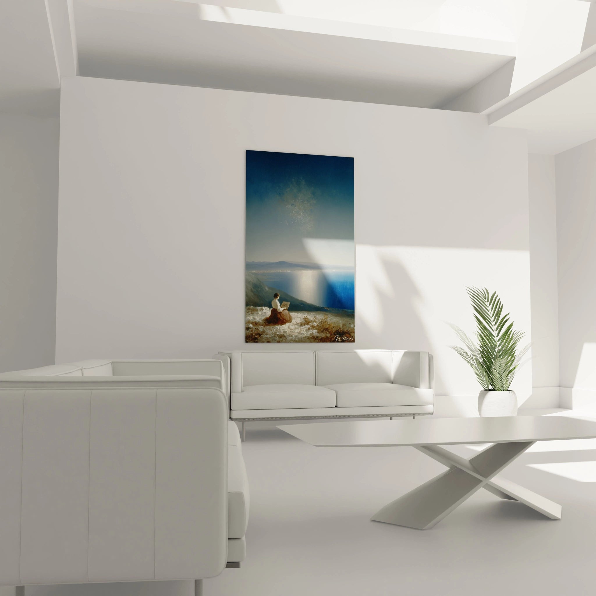 tableau mural romantique haut de gamme Walensky dans salon blanc minimaliste montrant couple au bord de la mer