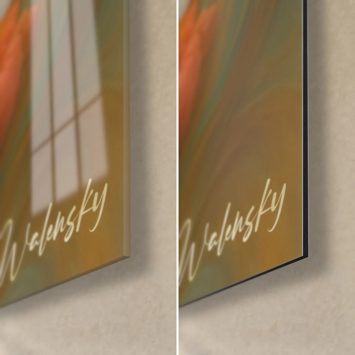 Wall art with golden and orange swirls on glossy acrylic glass with reflections, matte Dibond back on the right, 3 mm black edge