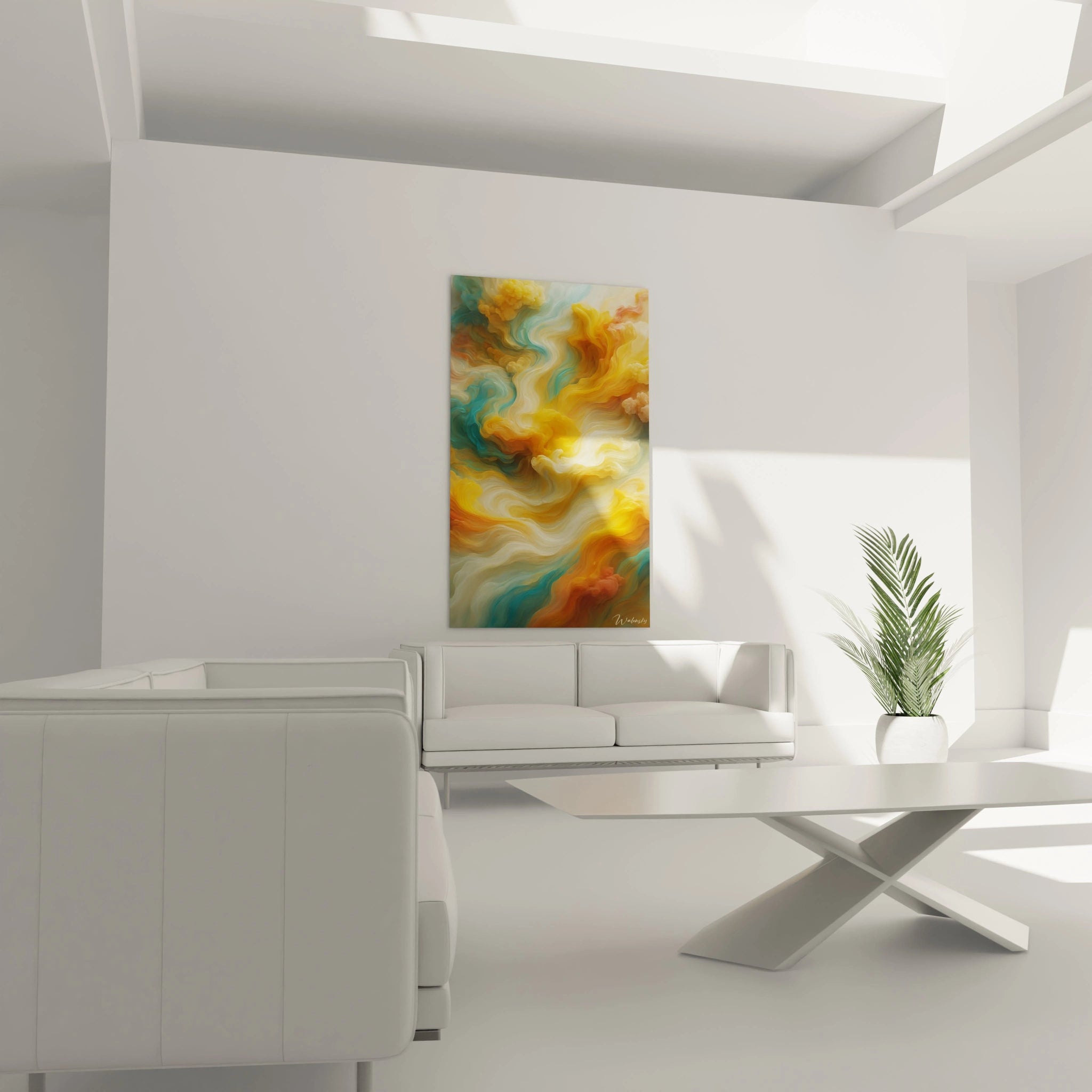 Un tableau relief atmosphérique illustrant des courants éthérés en perpétuel mouvement, dominé par des jaunes lumineux et des bleus apaisants sur fond blanc, présentant des textures variables qui créent une profondeur dimensionnelle.