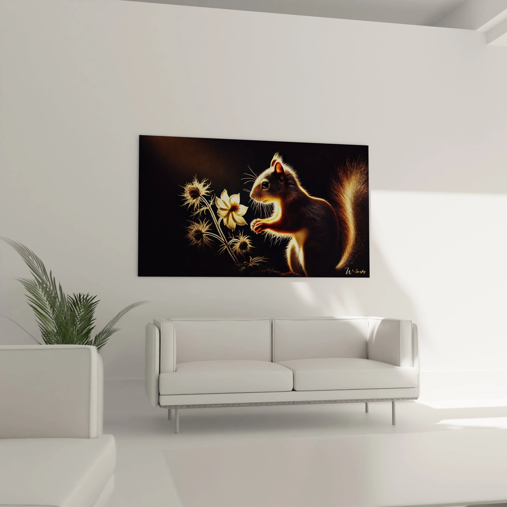 dans le salon, ce tableau ecureuil accroche au dessus du canape apporte une touche naturelle et mystique. Ses couleurs intenses et sa lumiere subtile creent un point focal puissant