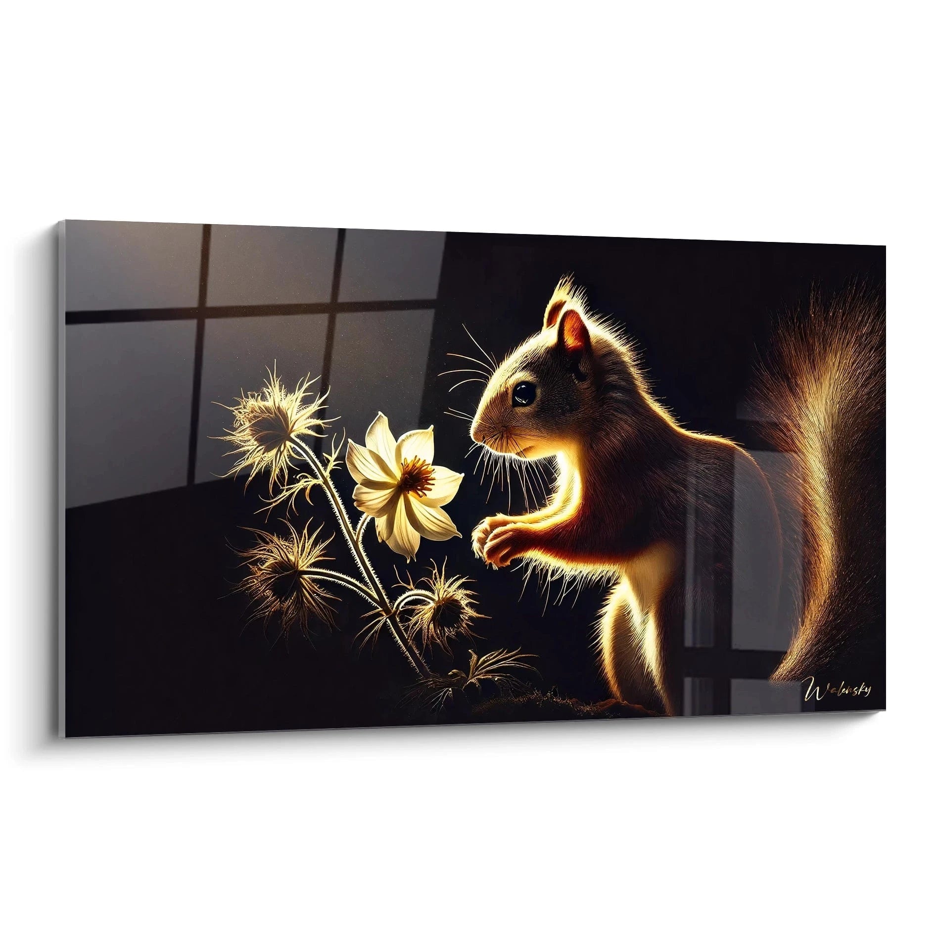 tableau ecureuil captivant vu de biais. Sa composition subtile et ses details lumineux attirent l oeil dans n importe quel interieur grace a un jeu de lumiere saisissant qui donne vie a la scene