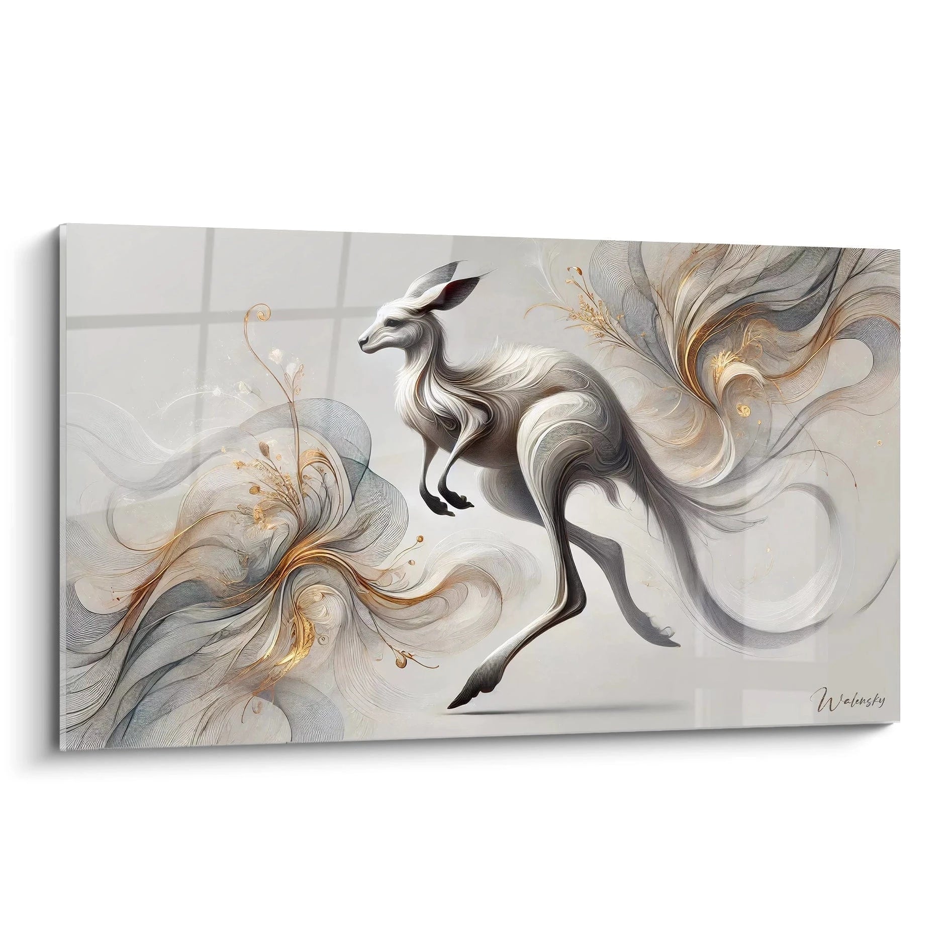 Admirez ce tableau kangourou captivant. Son design unique fusionne abstraction et réalisme, créant une œuvre éthérée qui évoque mouvement et liberté avec des teintes d’argent et d’or.