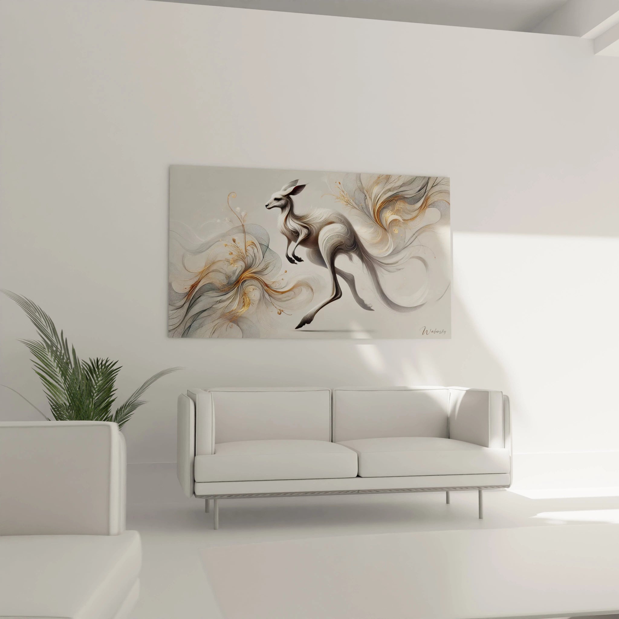 Ce tableau kangourou attire tous les regards dans votre salon. Accroché au-dessus du canapé, il apporte une touche de raffinement et d'élégance avec ses teintes grises et dorées.