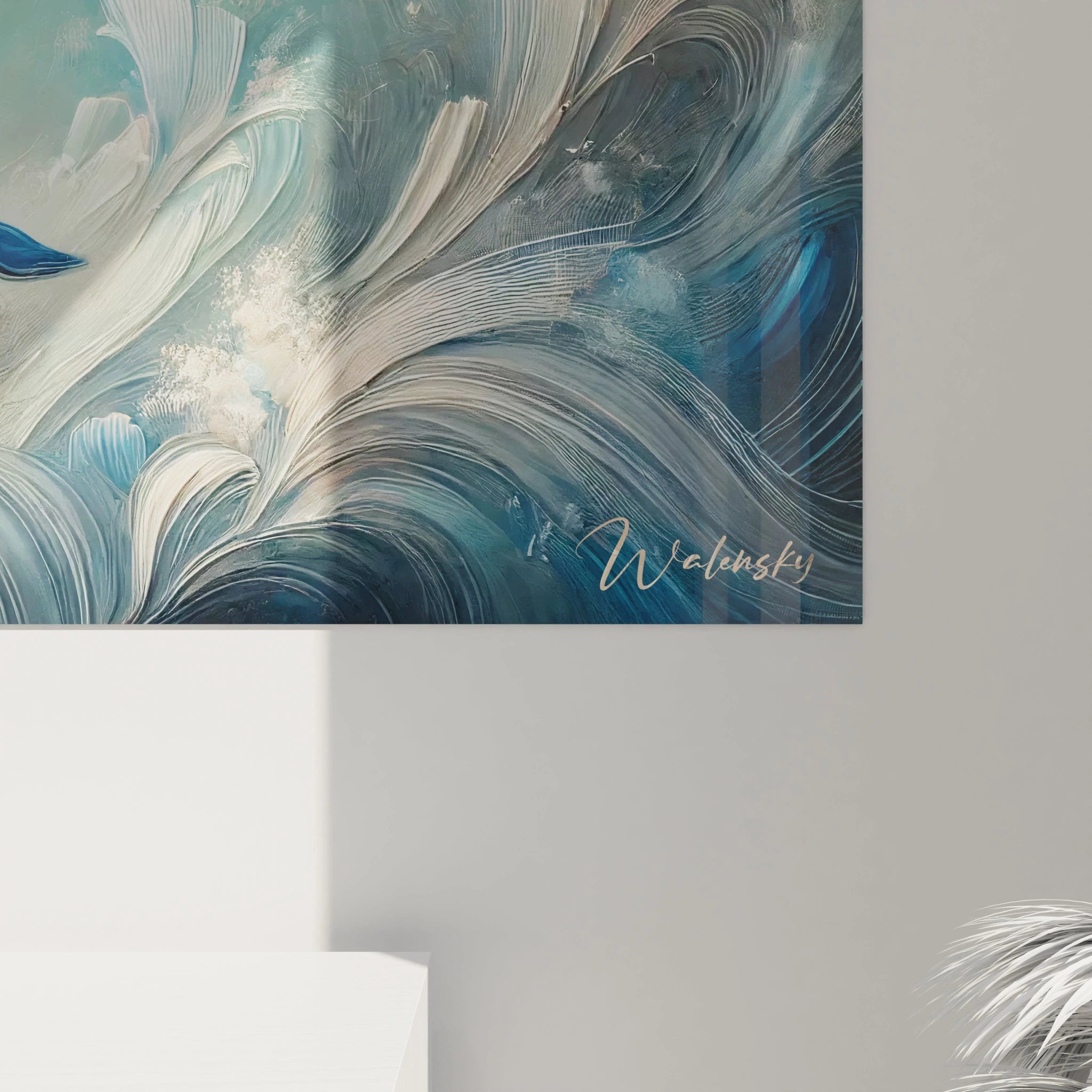 Admirez de pres ce tableau baleine et son art detaille. La fluidite des coups de pinceau et les nuances de bleu capturent l'elegance de la baleine, faisant de cette oeuvre un ajout captivant a tout decor.