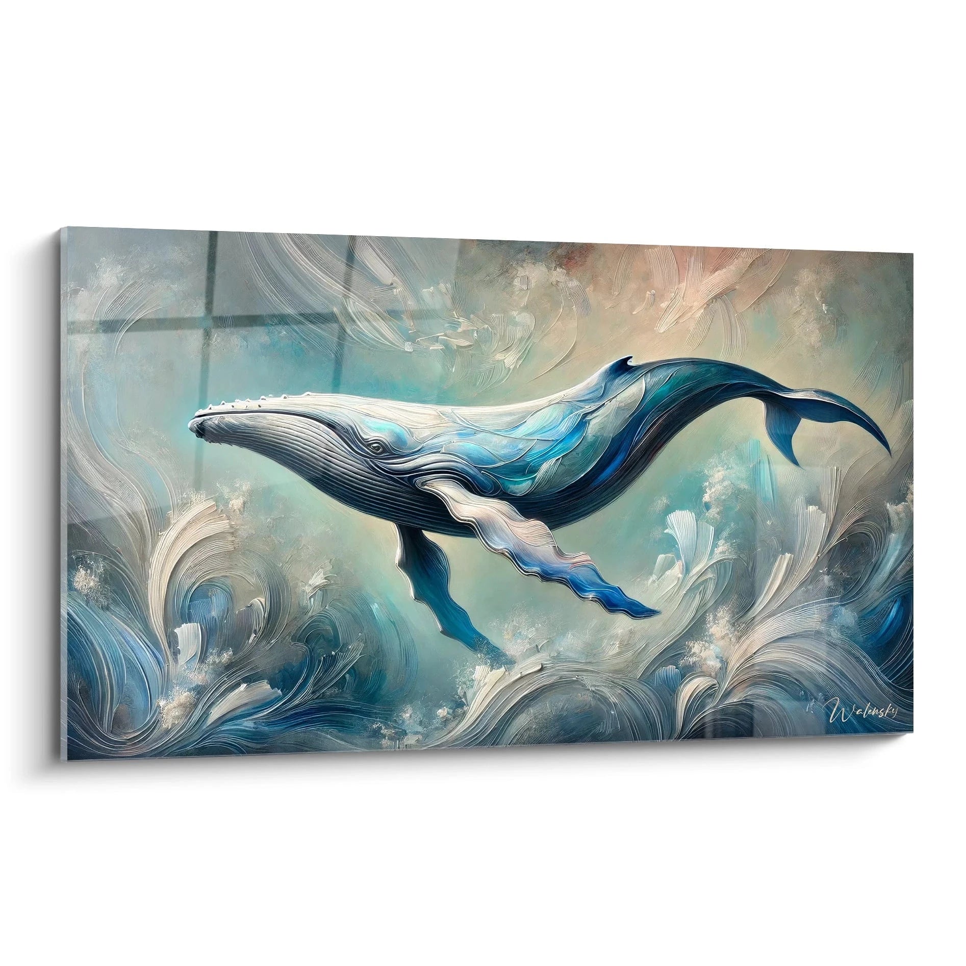 Decouvrez la beaute marine avec ce tableau baleine. Vue de biais, cette oeuvre capture la grace de la creature dans un ocean abstrait, parfait pour sublimer votre interieur avec une touche artistique apaisante.